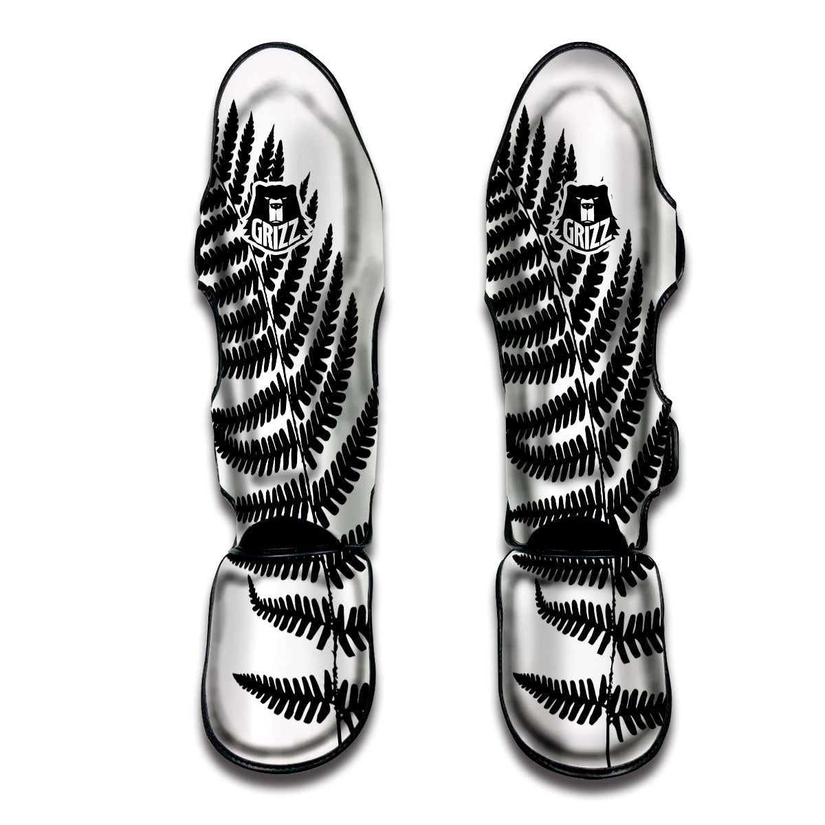 Fern Leaf White And Black Print Muay Thai Shin Guards-grizzshop