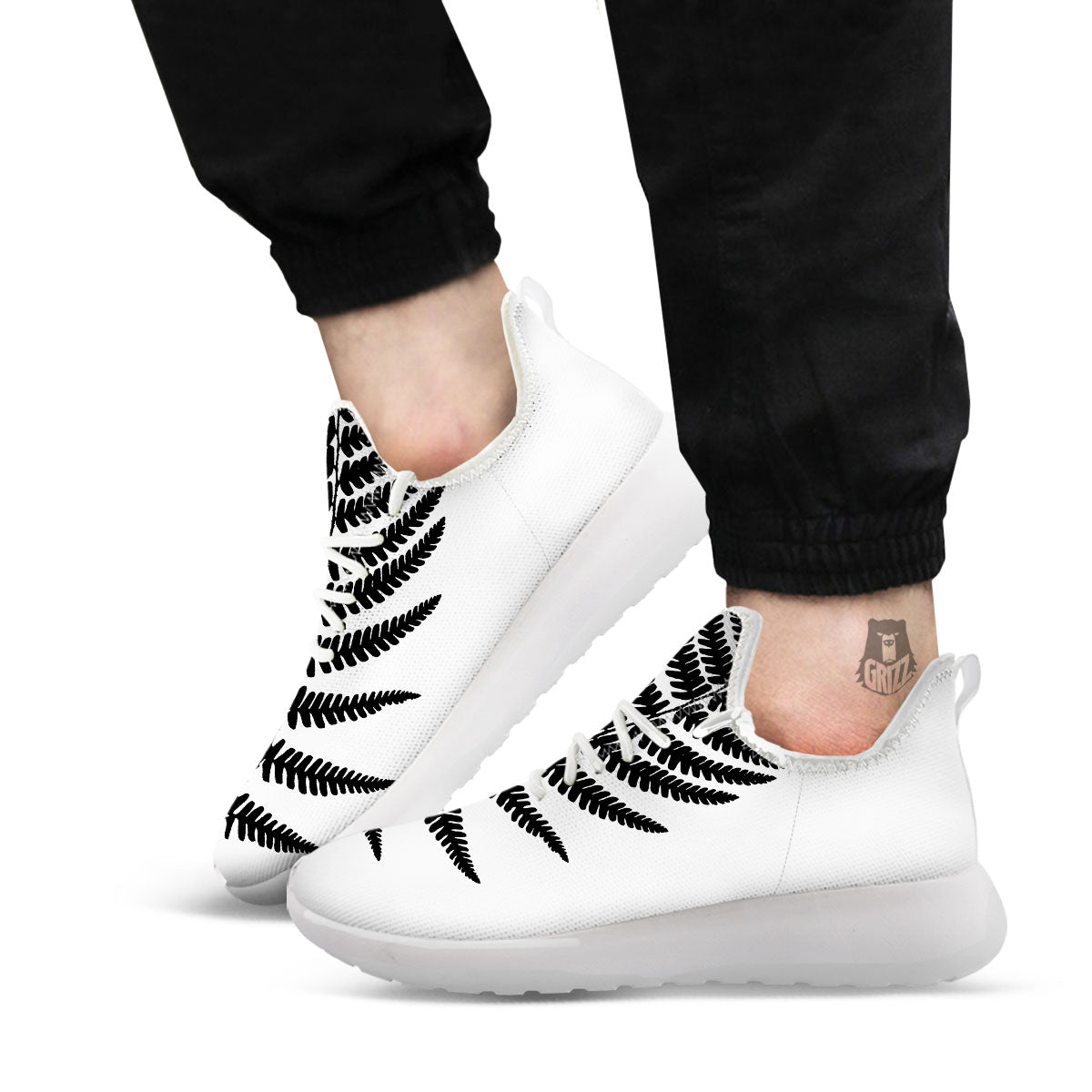 Fern Leaf White And Black Print White Athletic Shoes-grizzshop