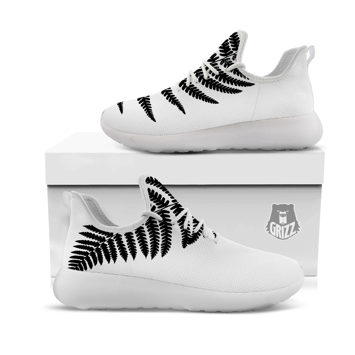 Fern Leaf White And Black Print White Athletic Shoes-grizzshop