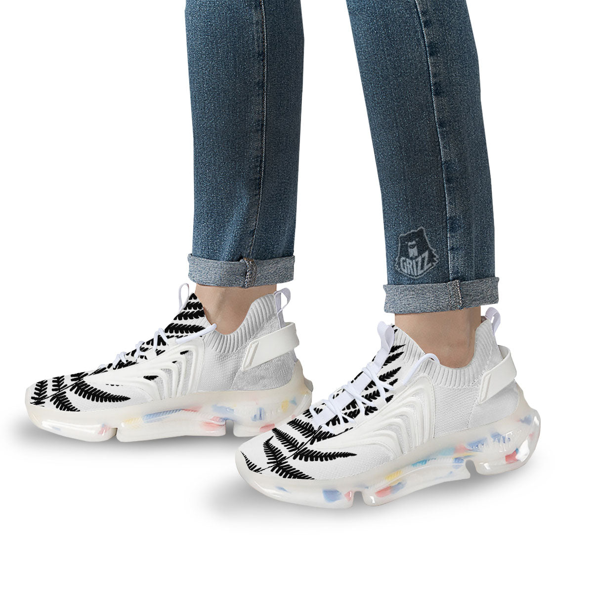 Fern Leaf White And Black Print White Gym Shoes-grizzshop