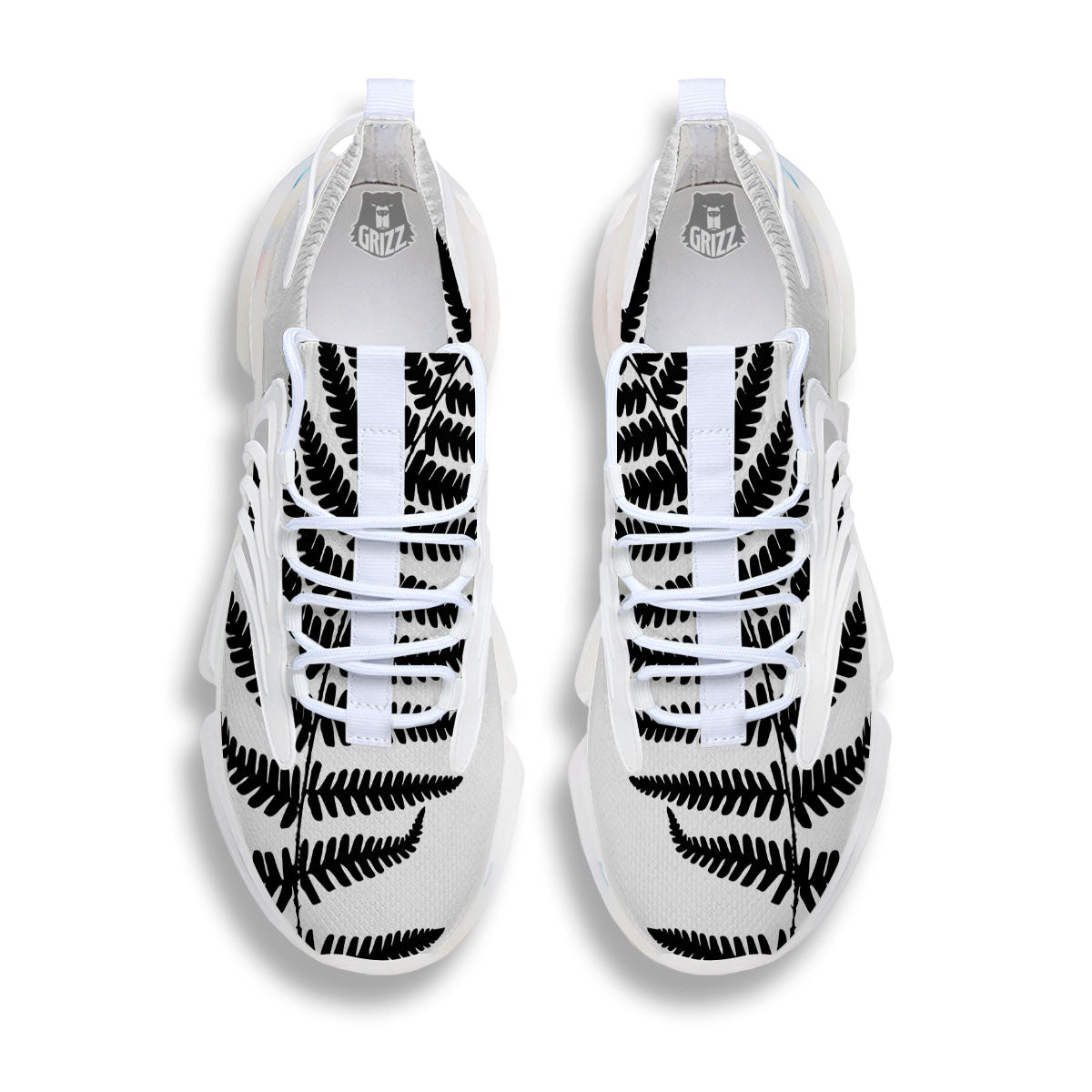 Fern Leaf White And Black Print White Gym Shoes-grizzshop