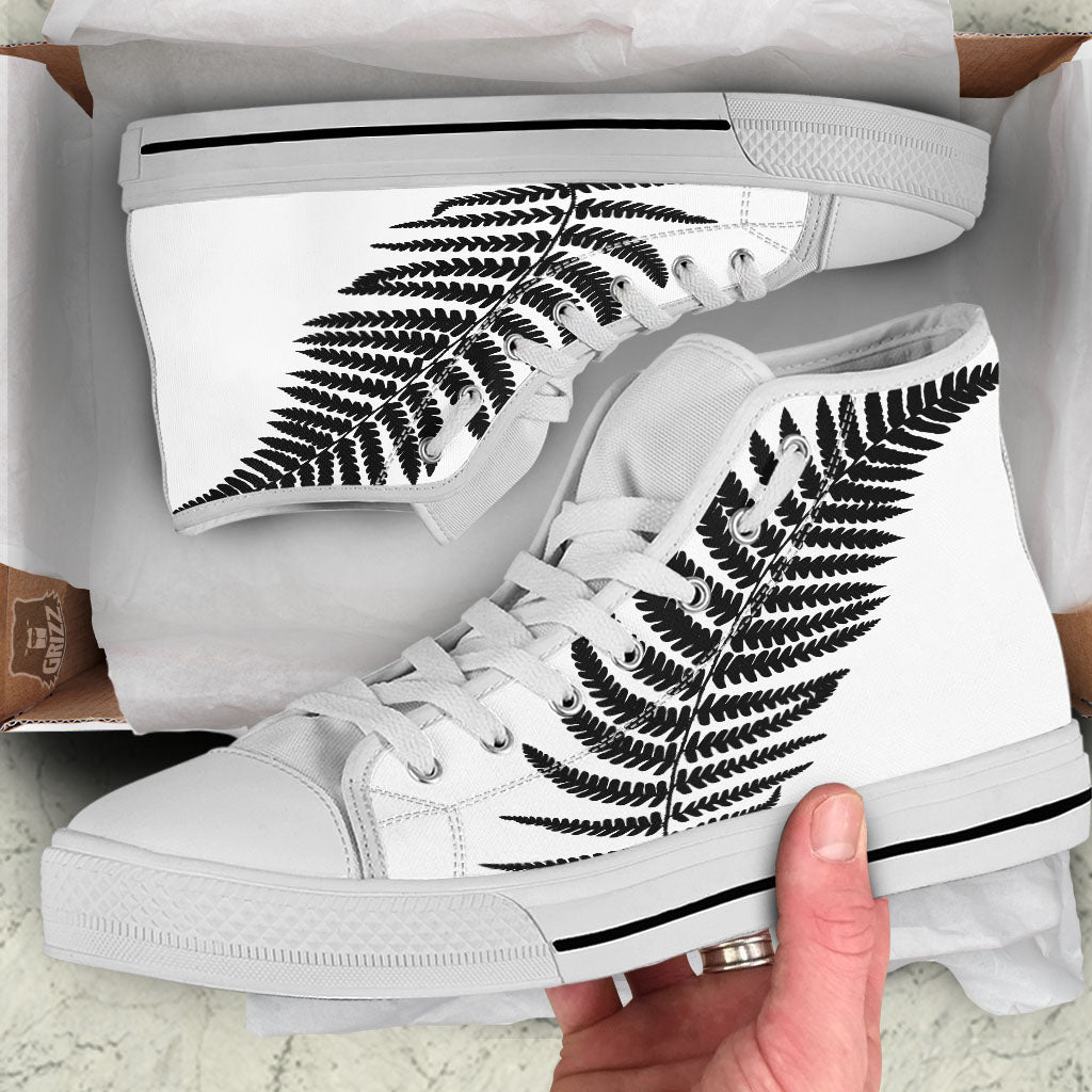 Fern Leaf White And Black Print White High Top Shoes-grizzshop