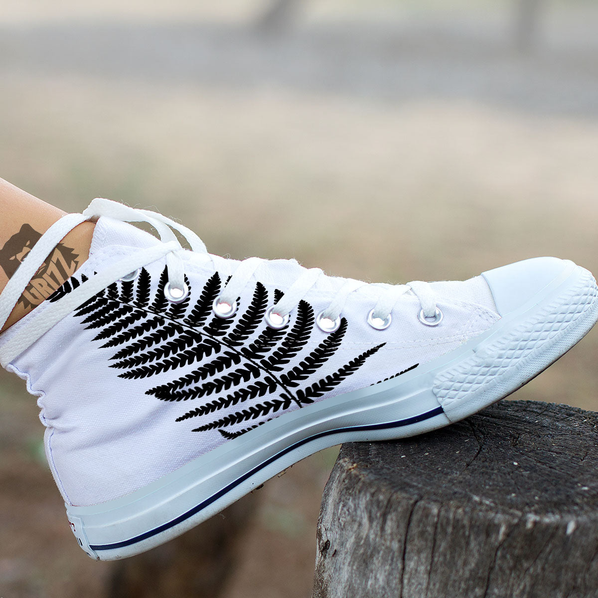 Fern Leaf White And Black Print White High Top Shoes-grizzshop