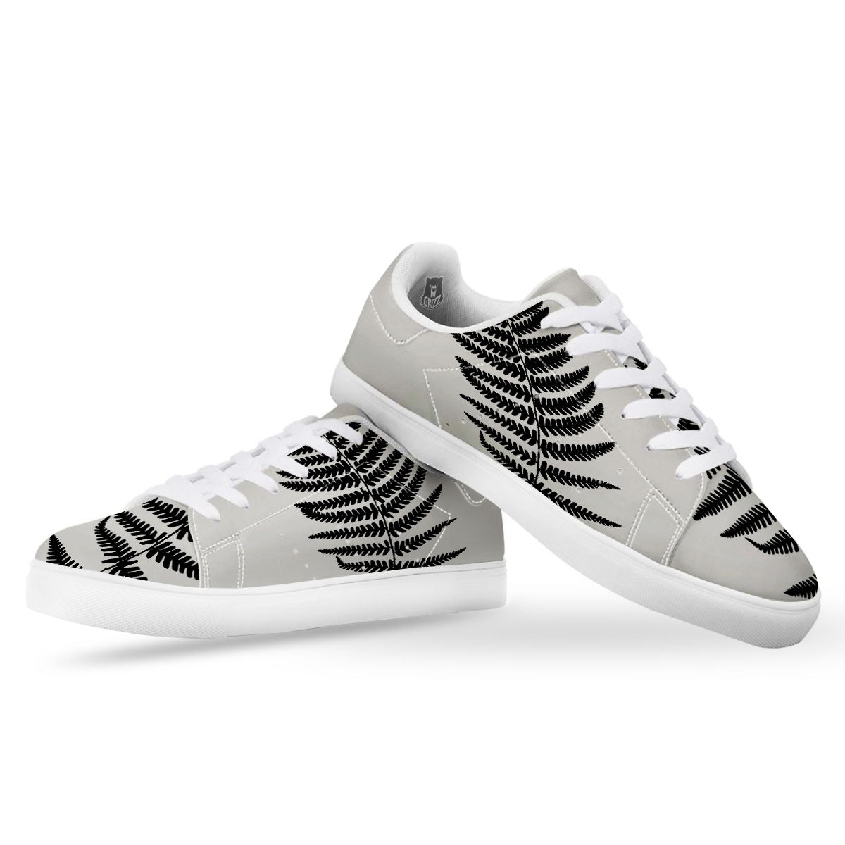 Fern Leaf White And Black Print White Low Top Sneakers-grizzshop