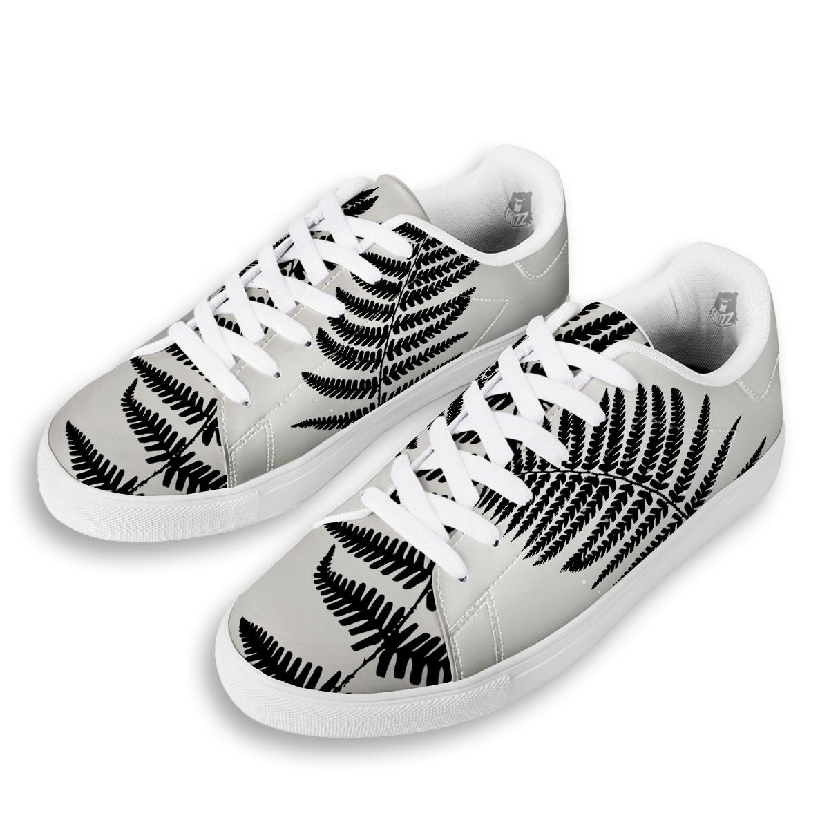 Fern Leaf White And Black Print White Low Top Sneakers-grizzshop