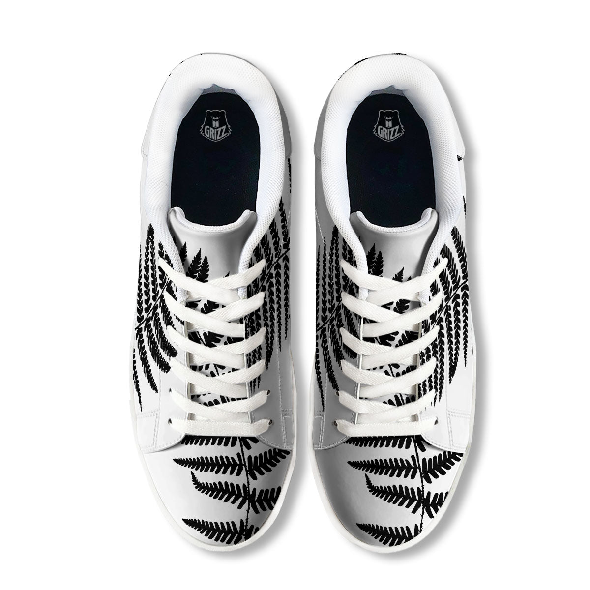 Fern Leaf White And Black Print White Low Top Sneakers-grizzshop