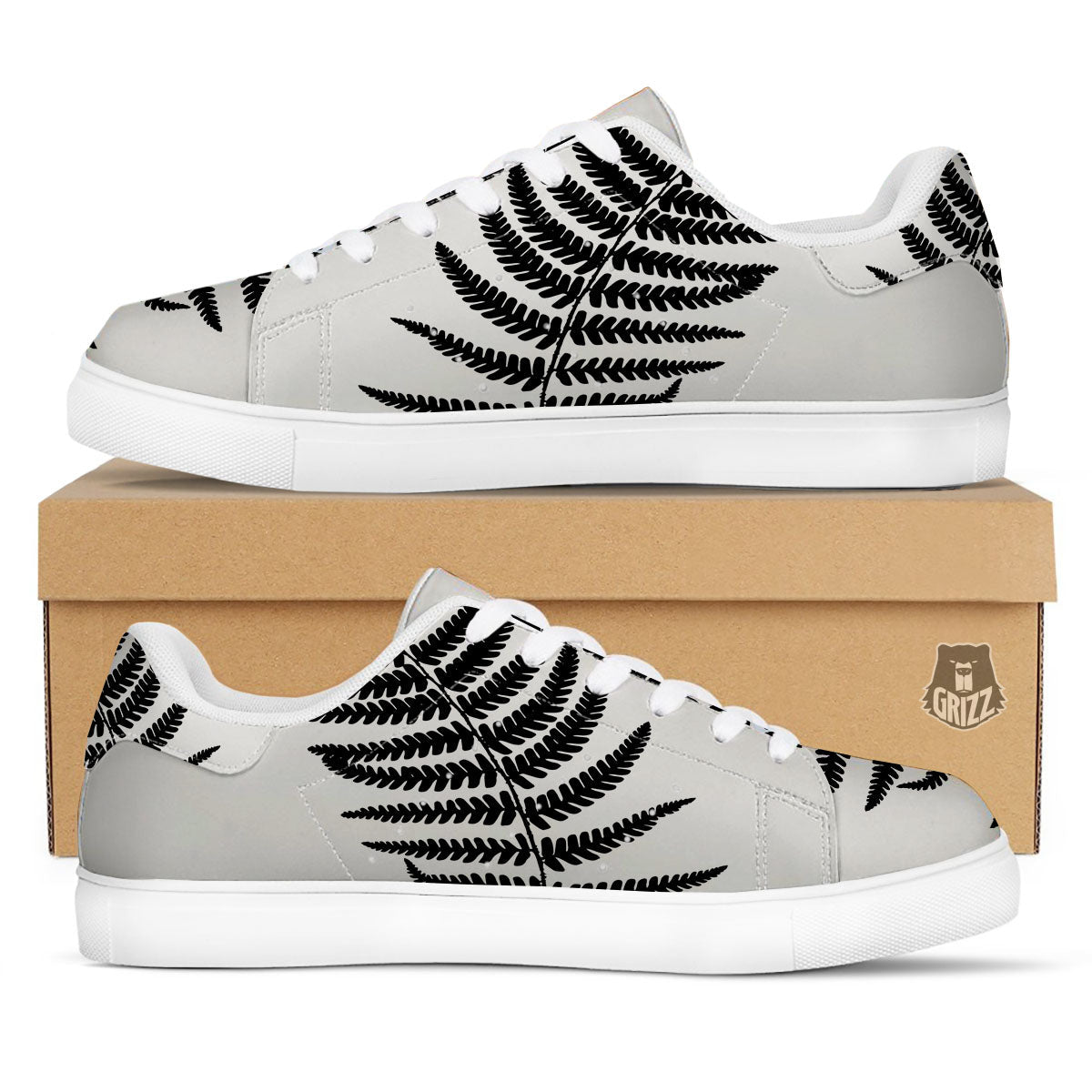 Fern Leaf White And Black Print White Low Top Sneakers-grizzshop