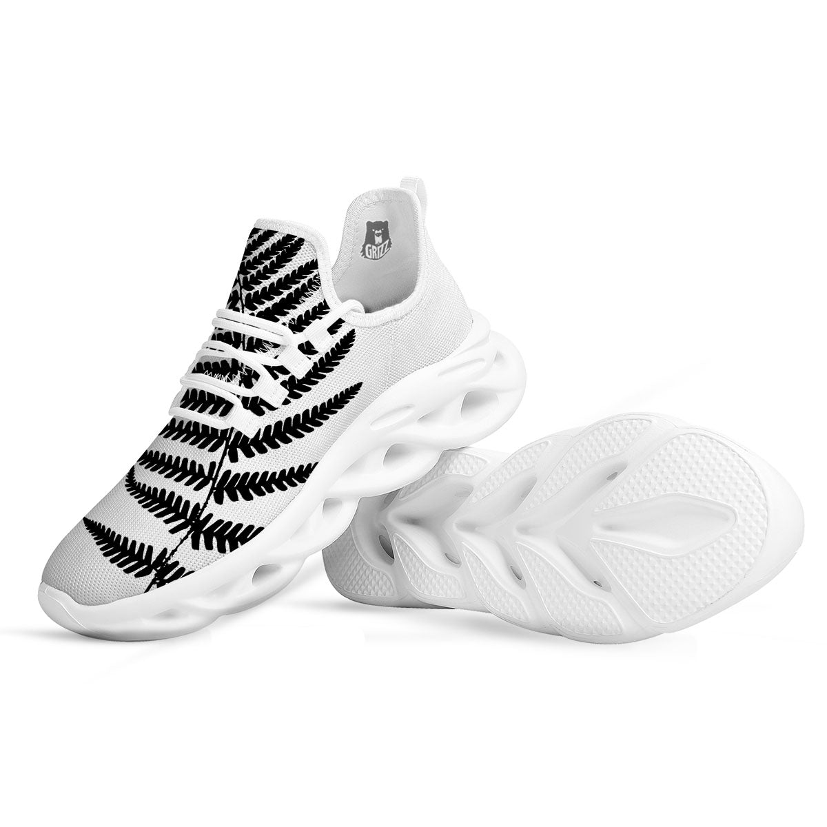 Fern Leaf White And Black Print White Running Shoes-grizzshop