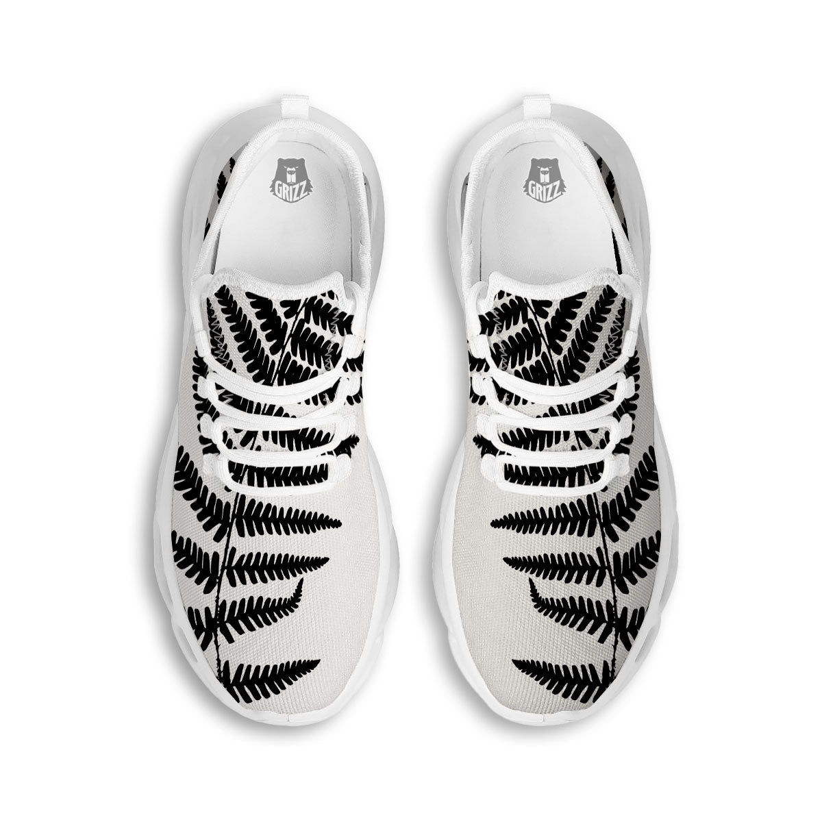 Fern Leaf White And Black Print White Running Shoes-grizzshop