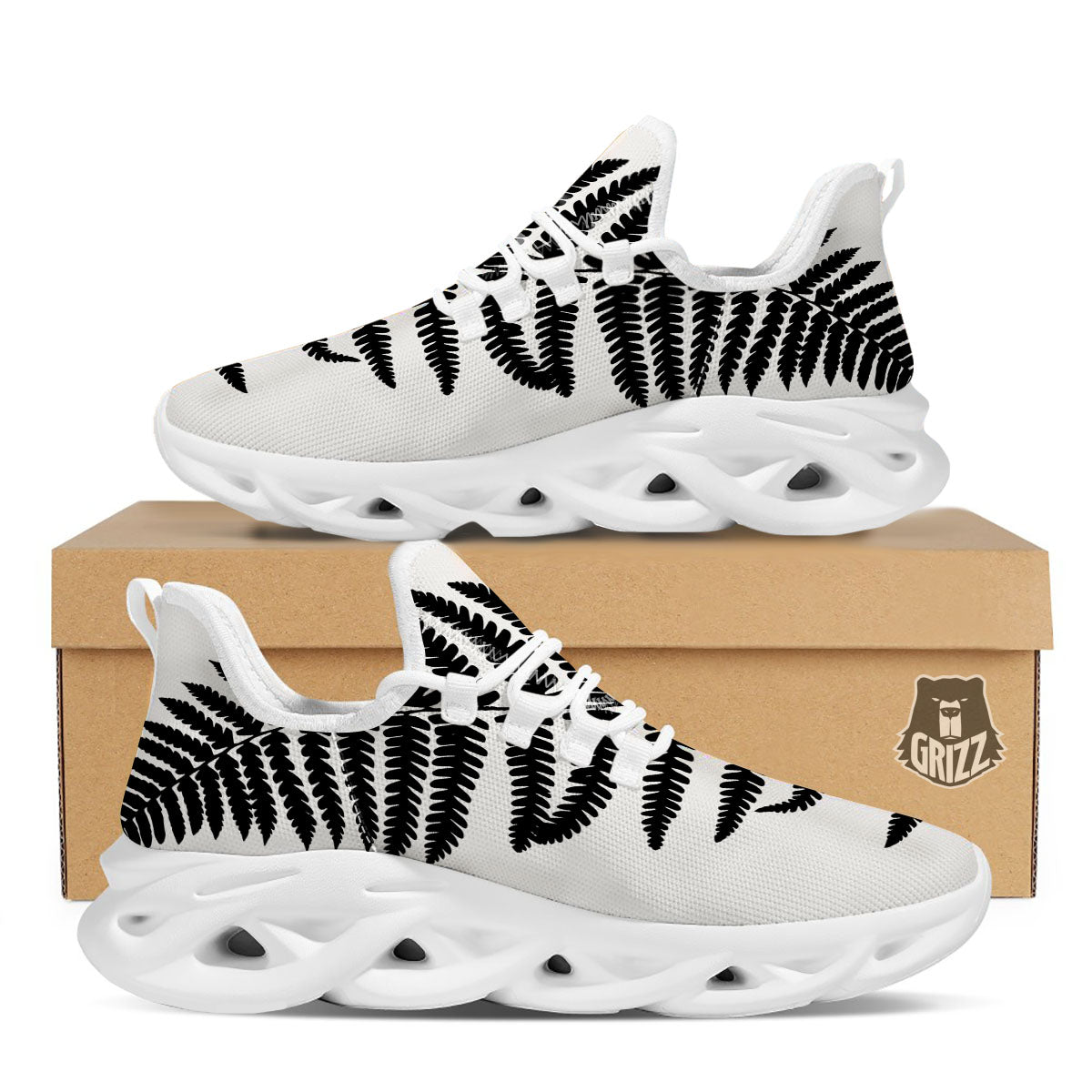 Fern Leaf White And Black Print White Running Shoes-grizzshop