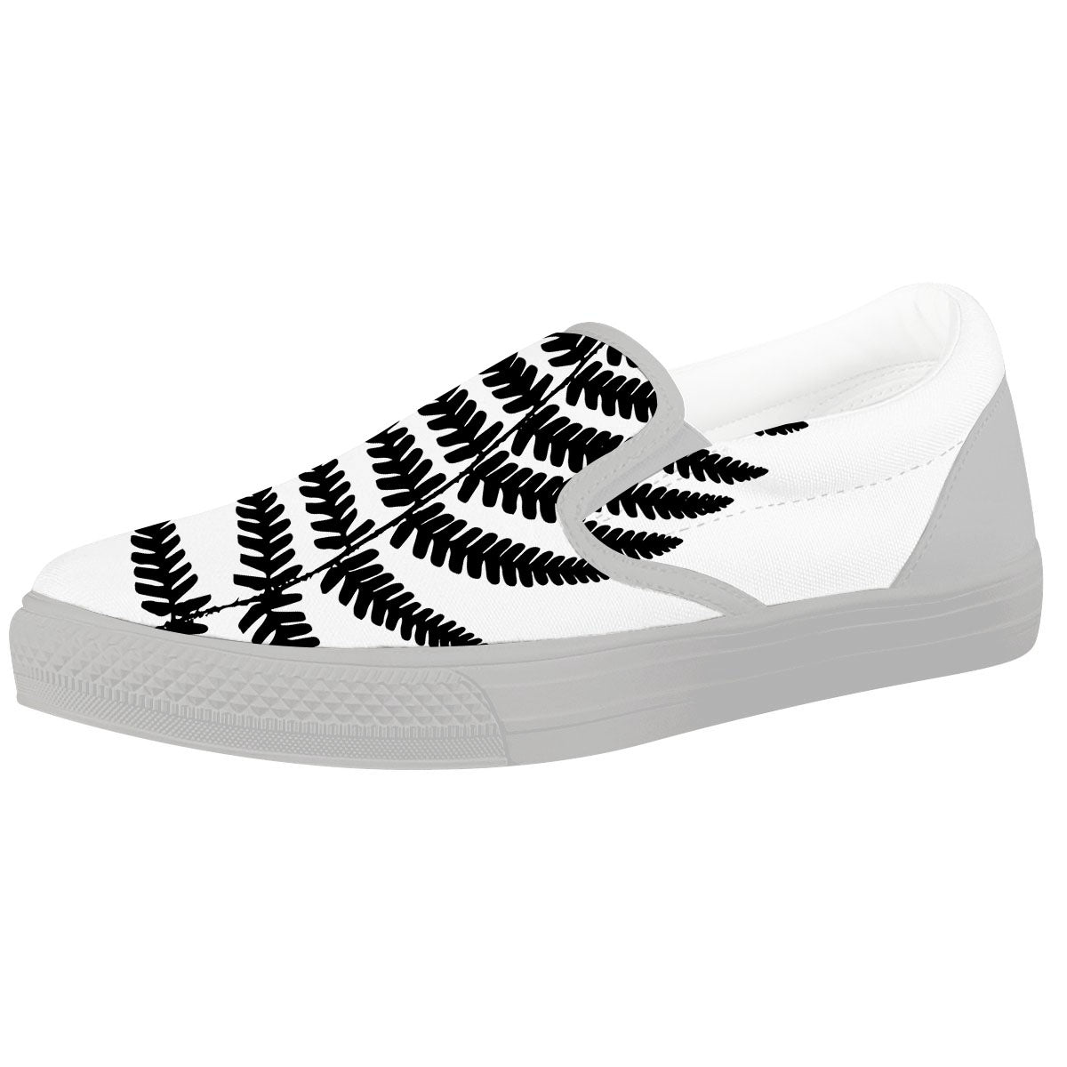 Fern Leaf White And Black Print White Slip On Shoes-grizzshop