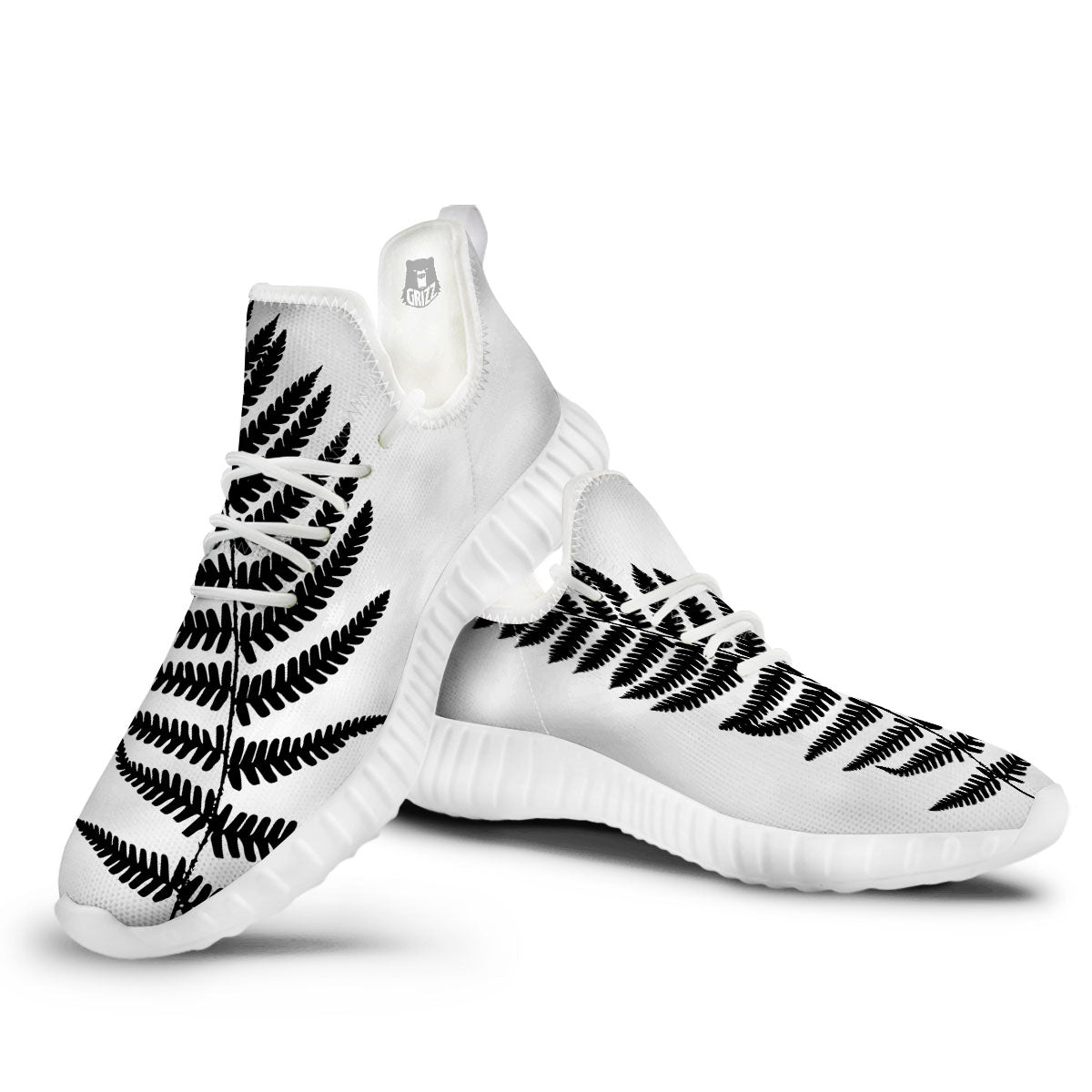 Fern Leaf White And Black Print White Walking Shoes-grizzshop