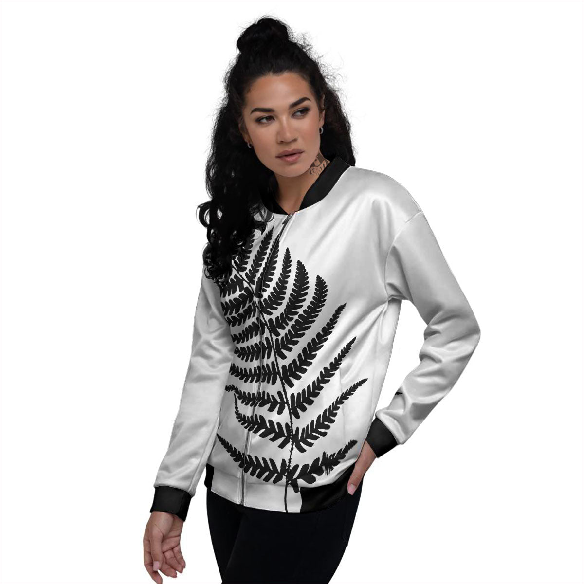 Fern Leaf White And Black Print Women's Bomber Jacket-grizzshop