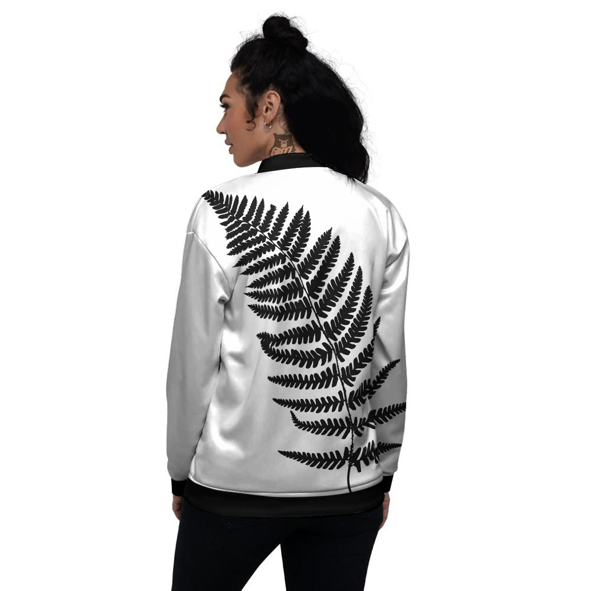 Fern Leaf White And Black Print Women's Bomber Jacket-grizzshop