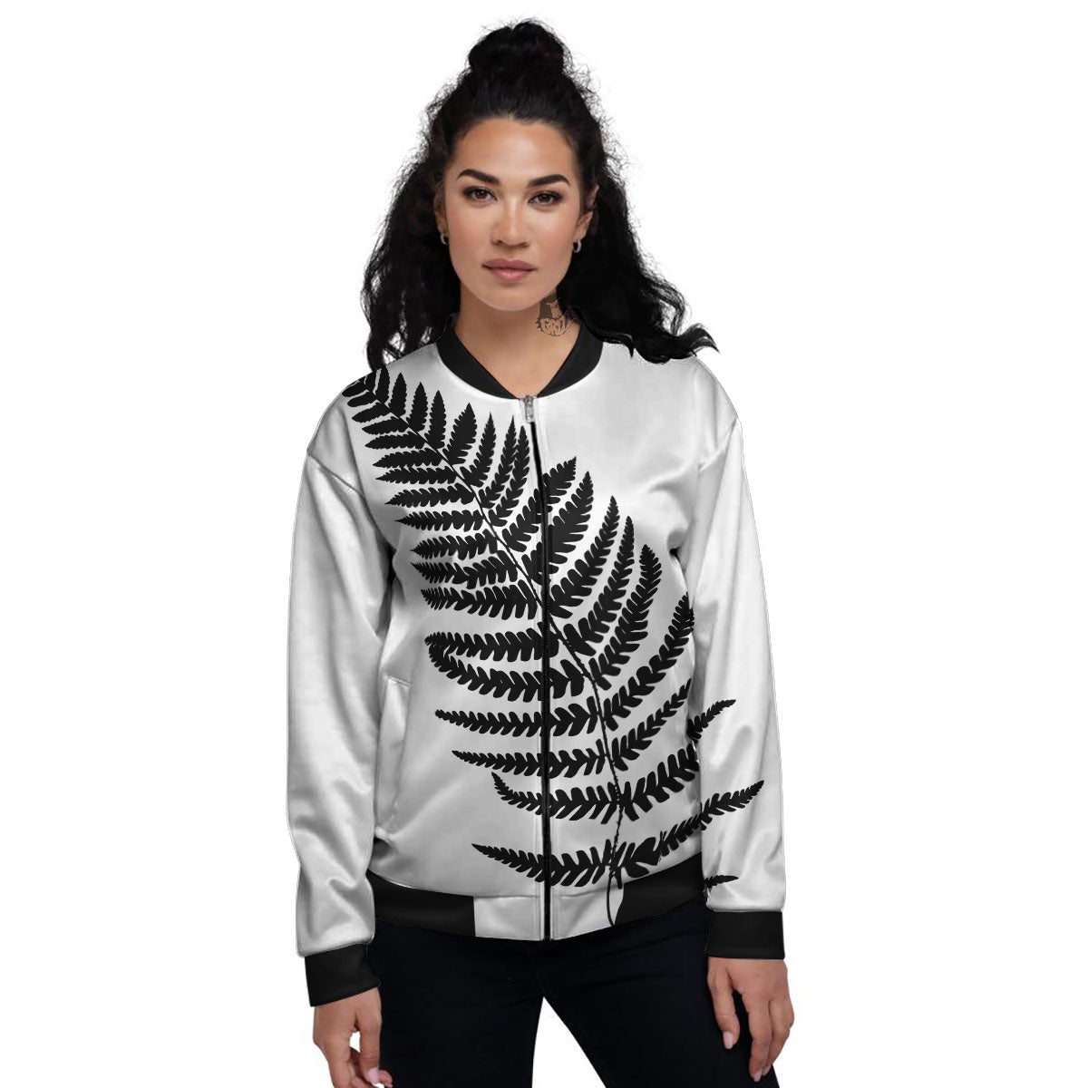 Fern Leaf White And Black Print Women's Bomber Jacket-grizzshop