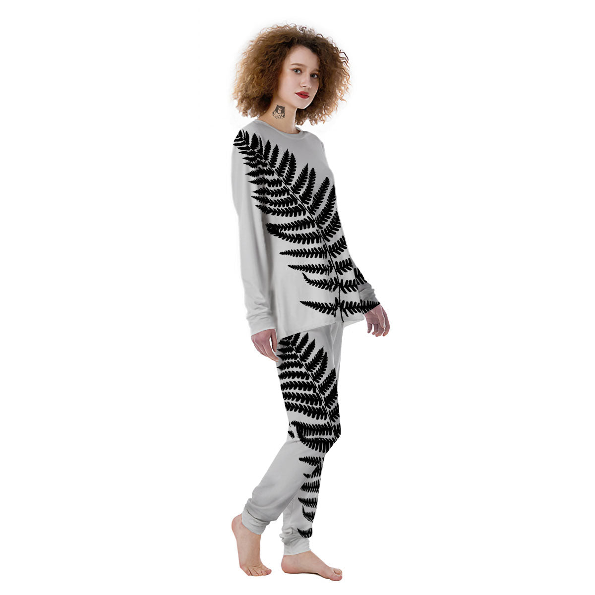 Fern Leaf White And Black Print Women's Pajamas-grizzshop