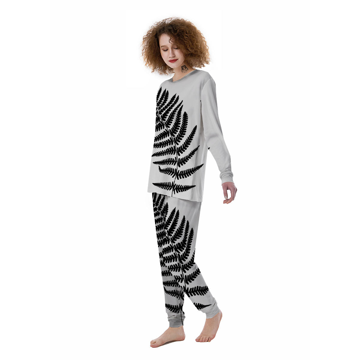 Fern Leaf White And Black Print Women's Pajamas-grizzshop