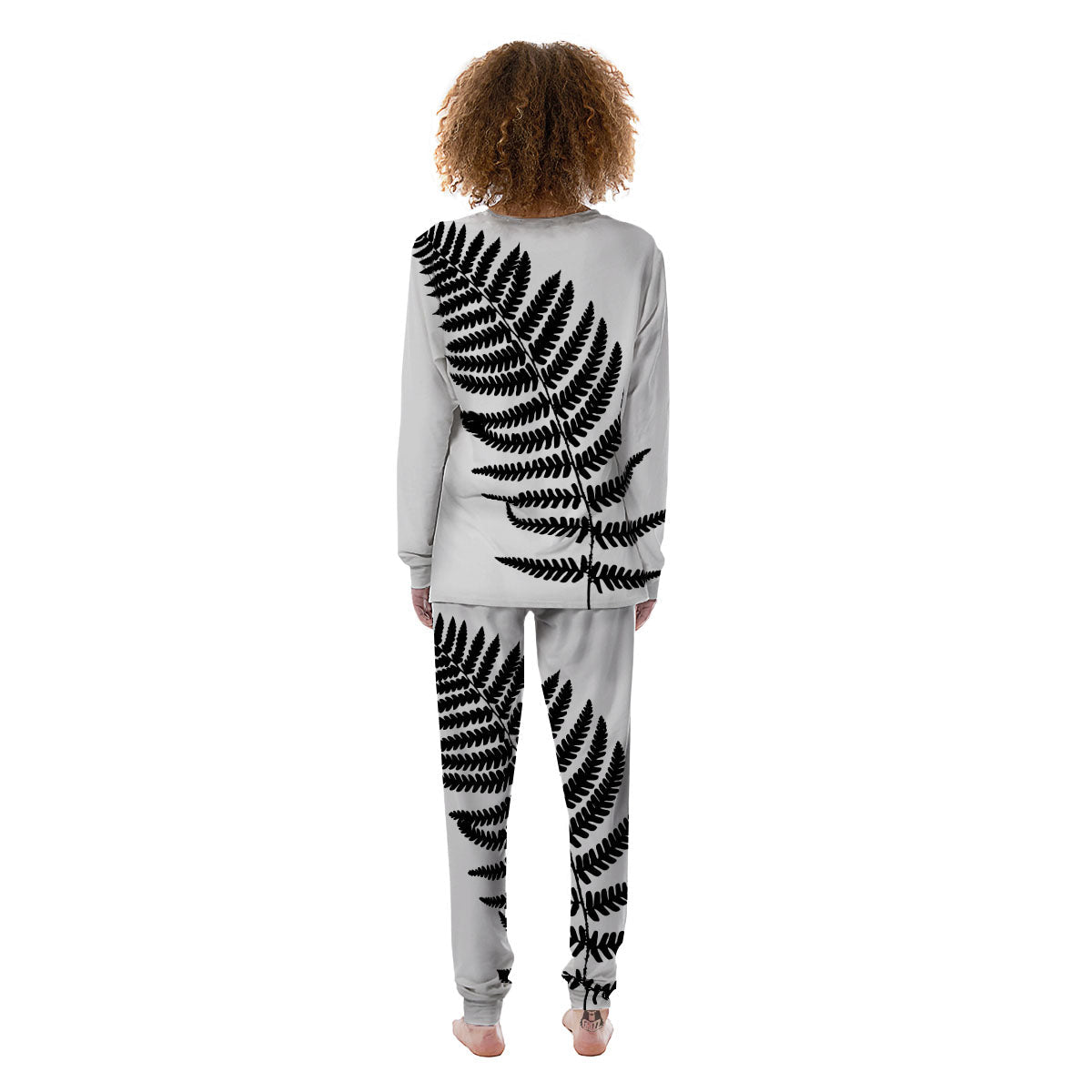 Fern Leaf White And Black Print Women's Pajamas-grizzshop