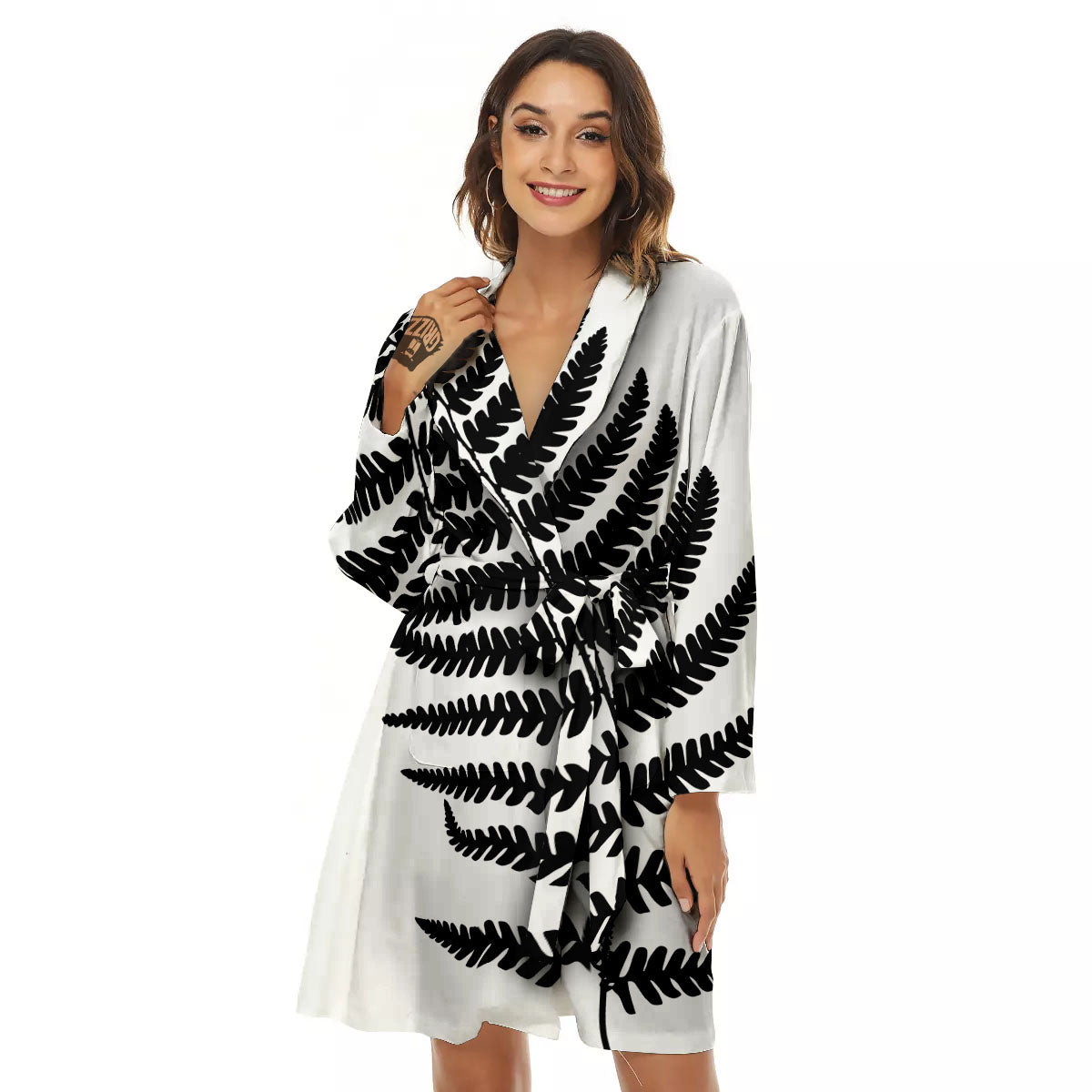 Fern Leaf White And Black Print Women's Robe-grizzshop