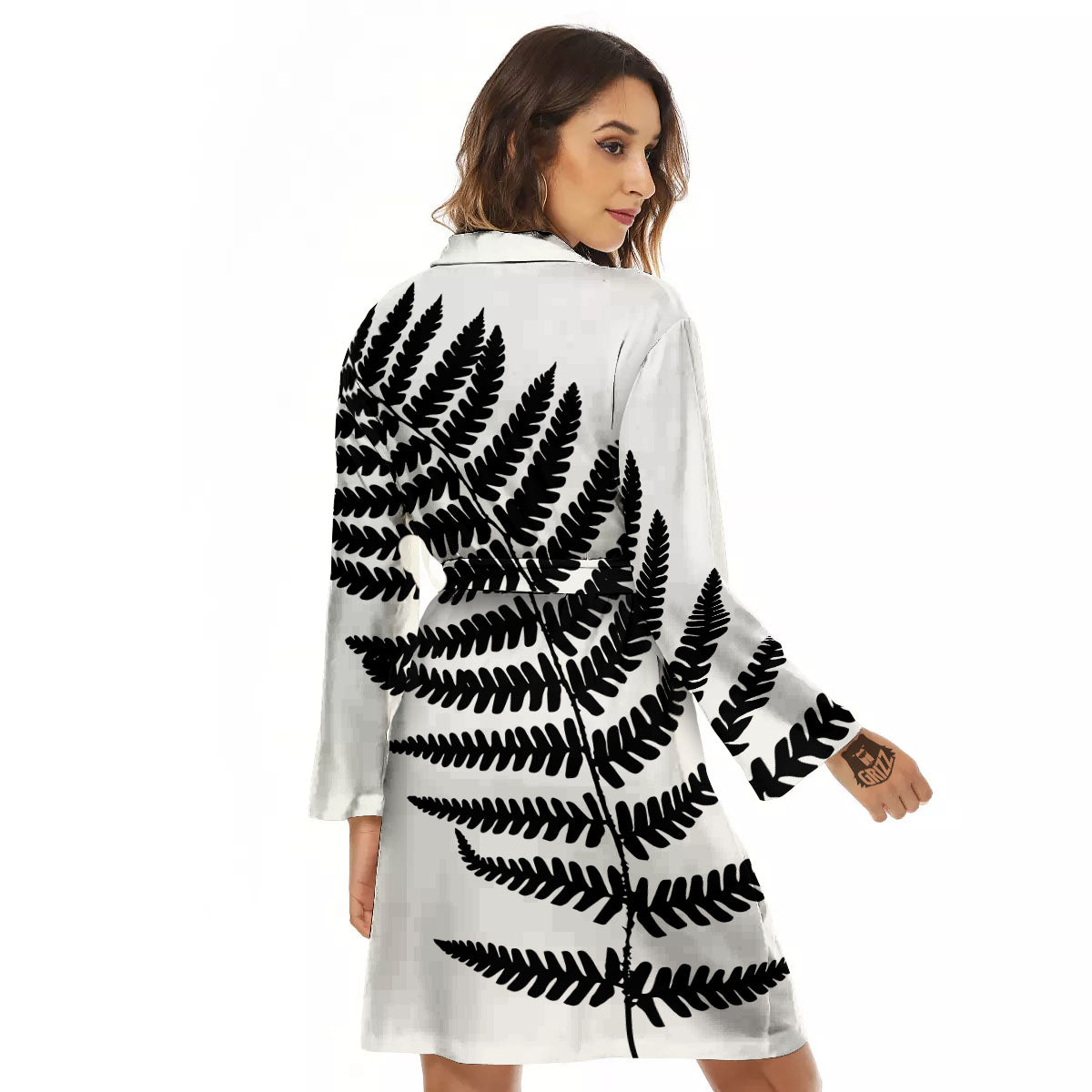 Fern Leaf White And Black Print Women's Robe-grizzshop