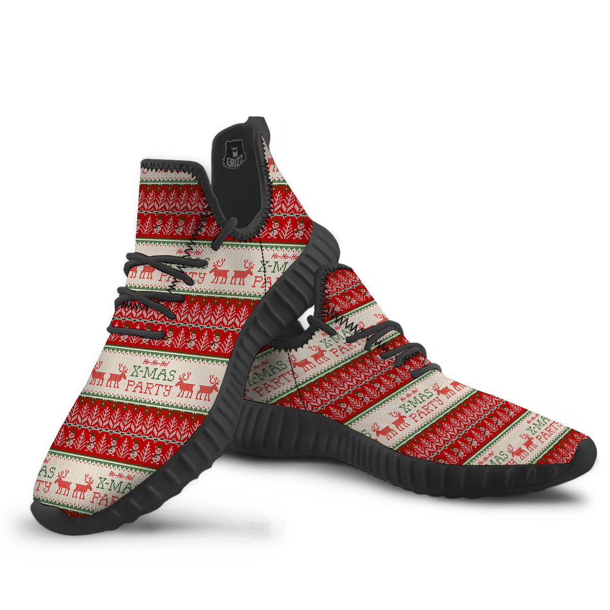 Festive Christmas Knitted Print Pattern Black Walking Shoes-grizzshop