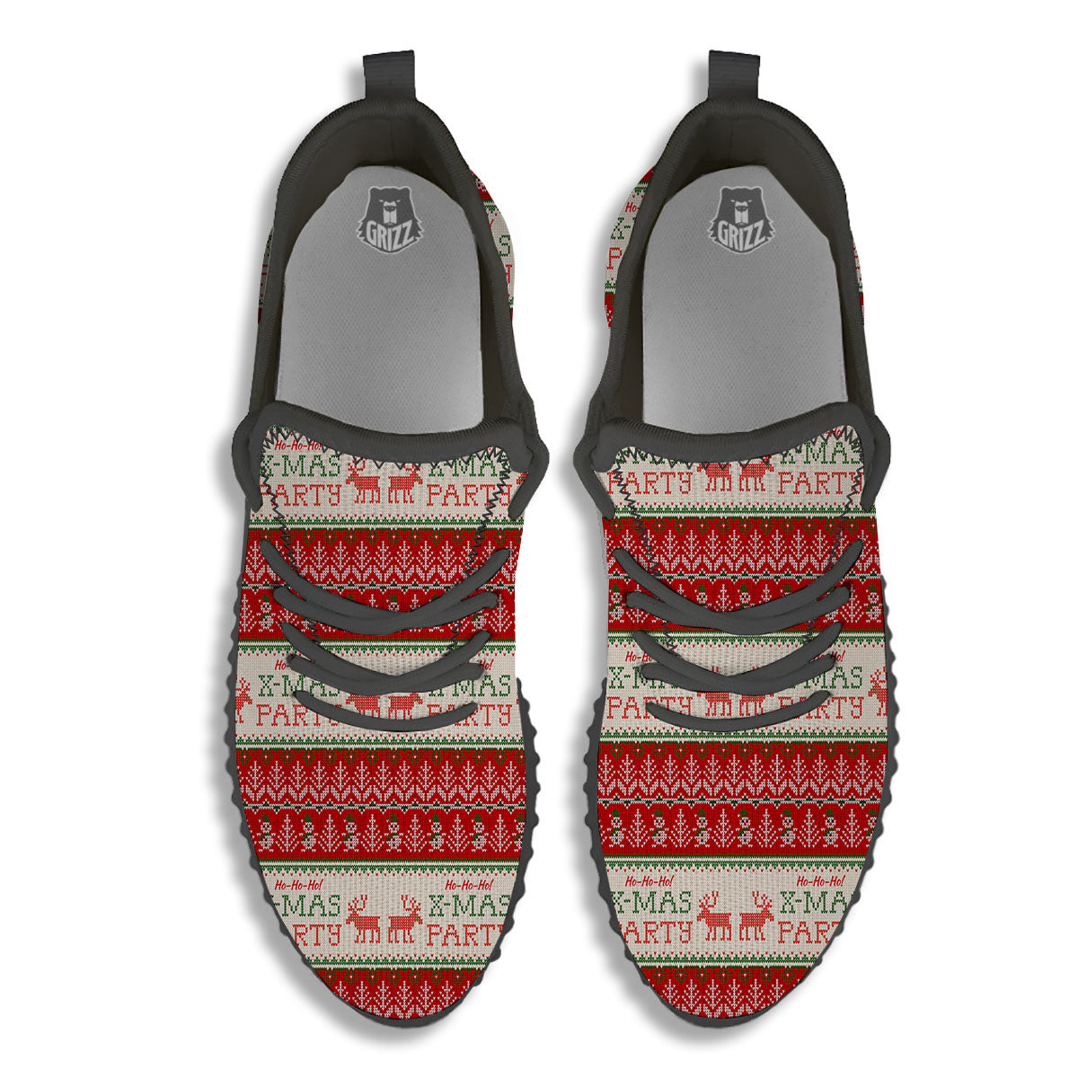 Festive Christmas Knitted Print Pattern Black Walking Shoes-grizzshop