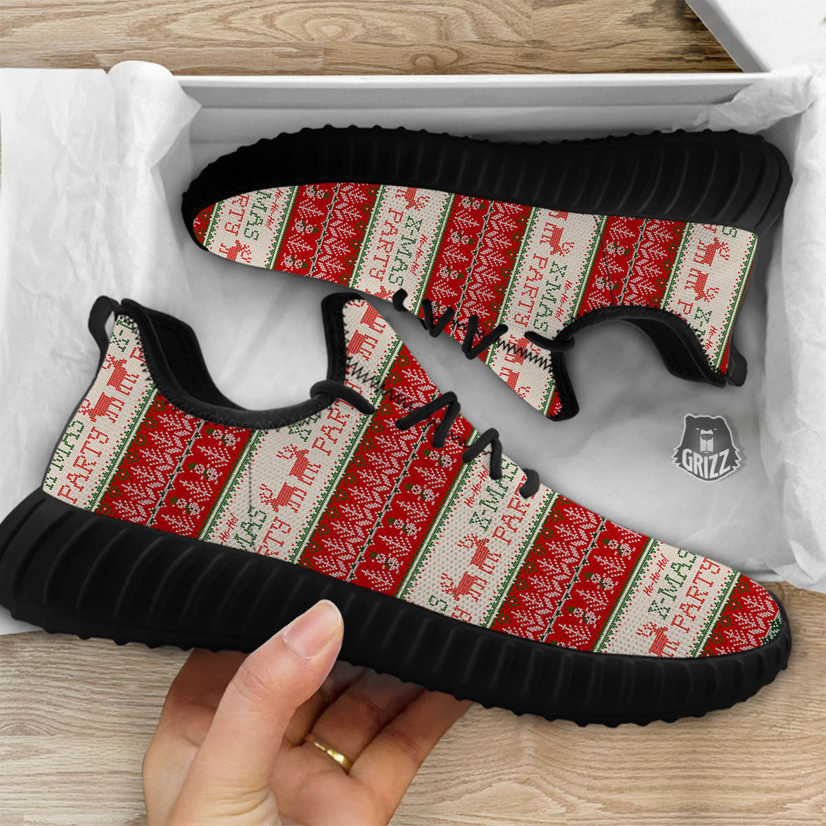 Festive Christmas Knitted Print Pattern Black Walking Shoes-grizzshop