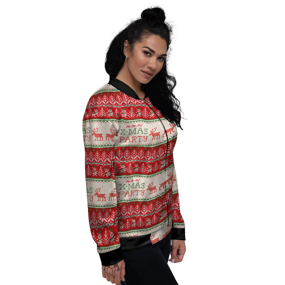 Festive Christmas Knitted Print Pattern Women's Bomber Jacket-grizzshop