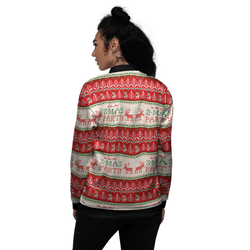 Festive Christmas Knitted Print Pattern Women's Bomber Jacket-grizzshop
