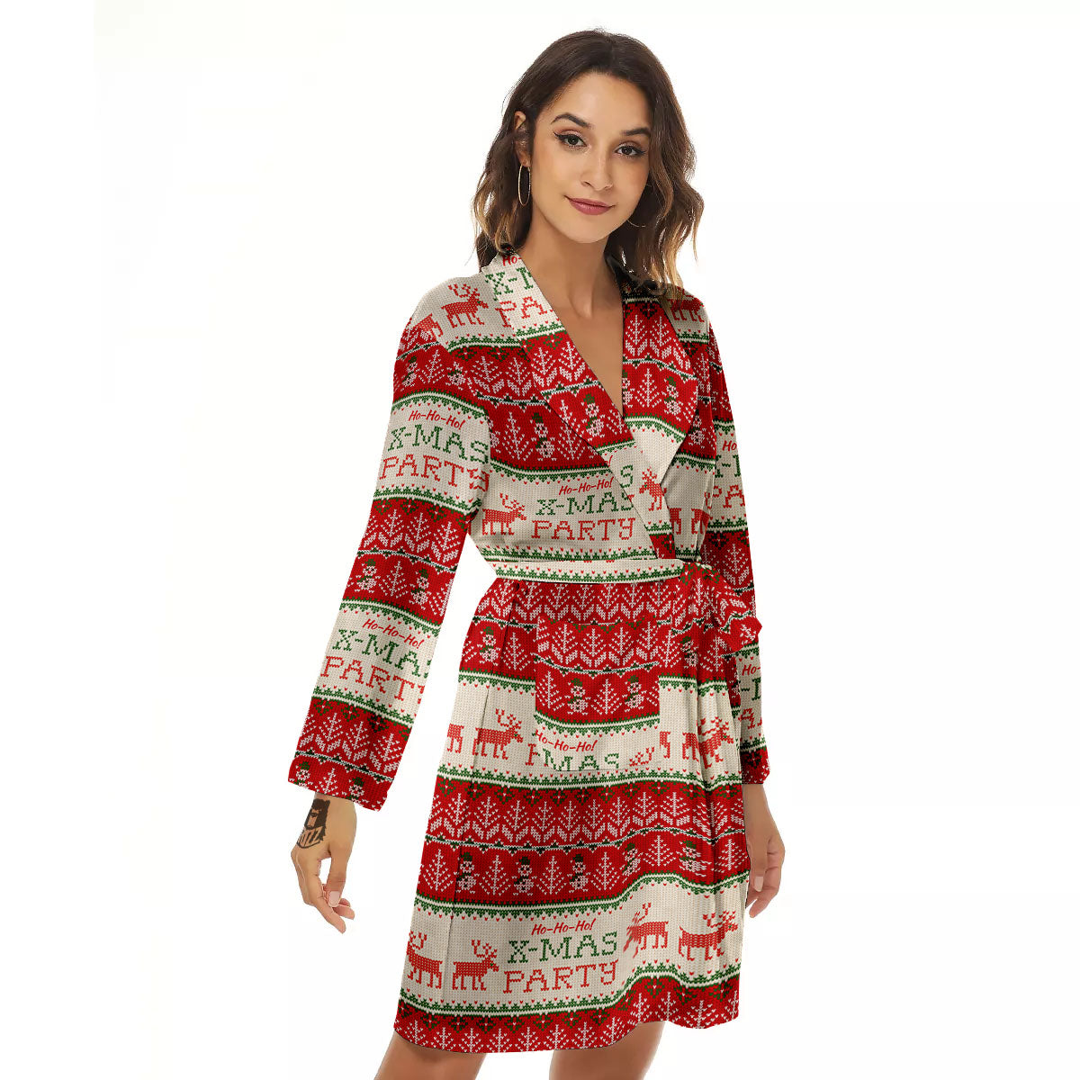 Festive Christmas Knitted Print Pattern Women's Robe-grizzshop