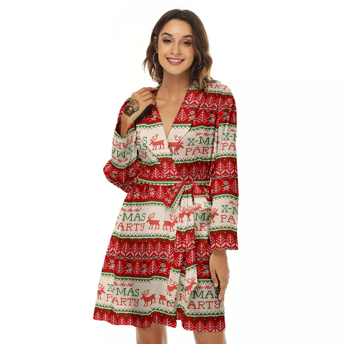 Festive Christmas Knitted Print Pattern Women's Robe-grizzshop