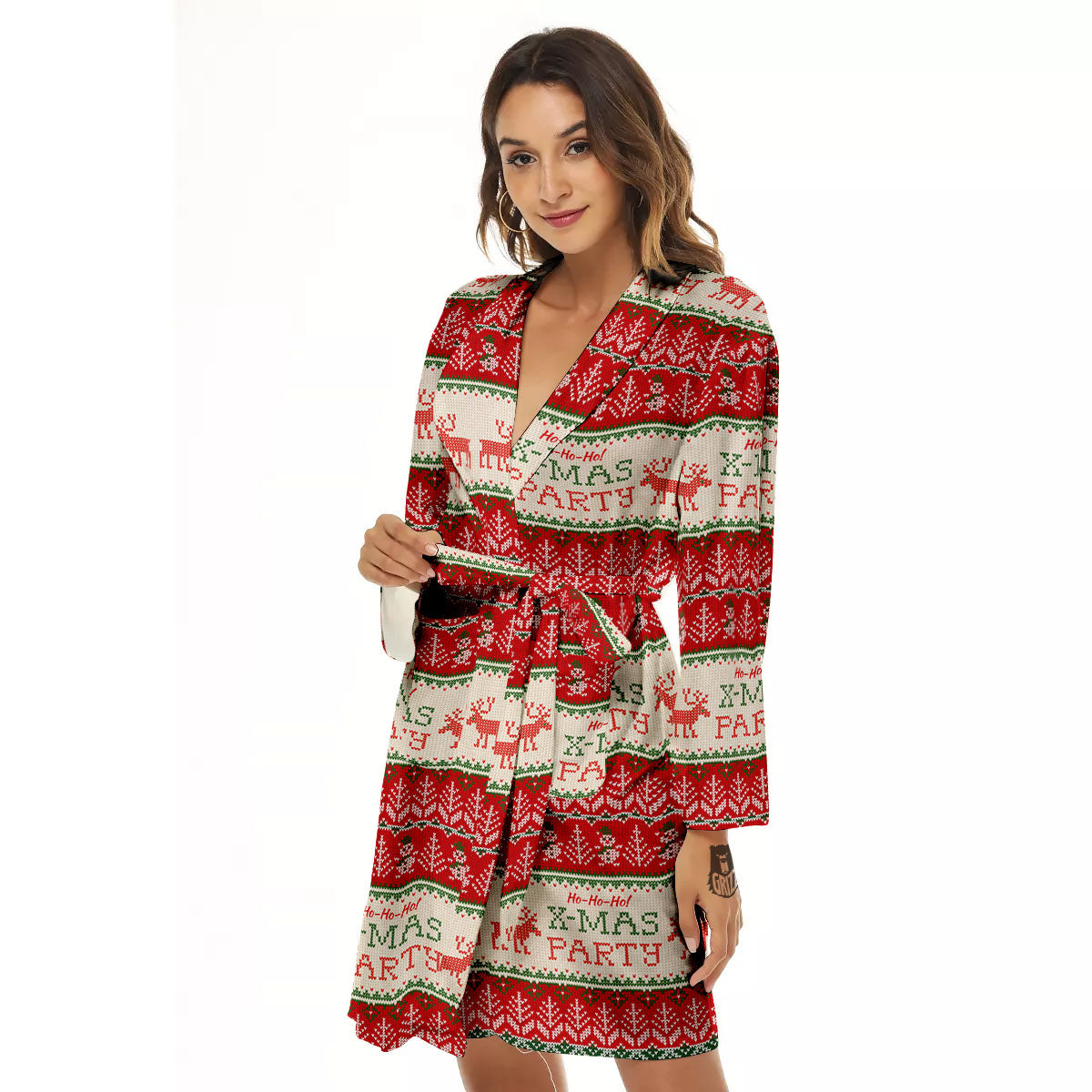 Festive Christmas Knitted Print Pattern Women's Robe-grizzshop