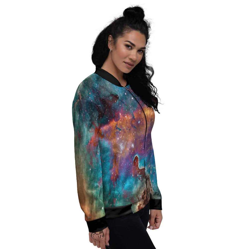Fiery Universe Nebula Galaxy Space Print Women's Bomber Jacket-grizzshop