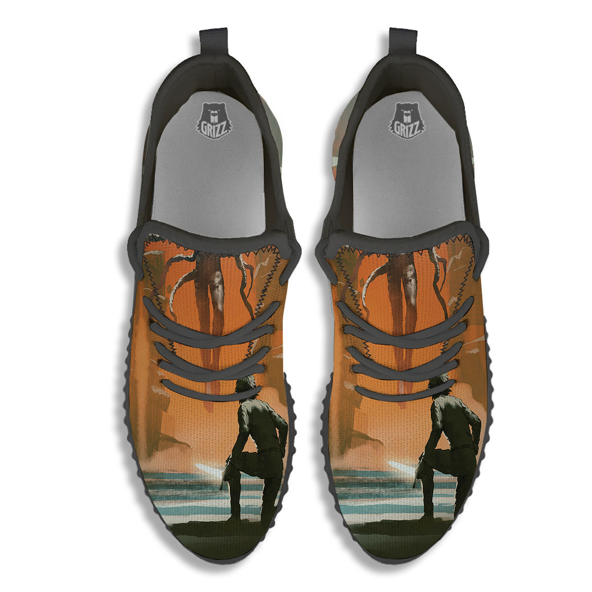 Fight With Alien Print Black Walking Shoes-grizzshop