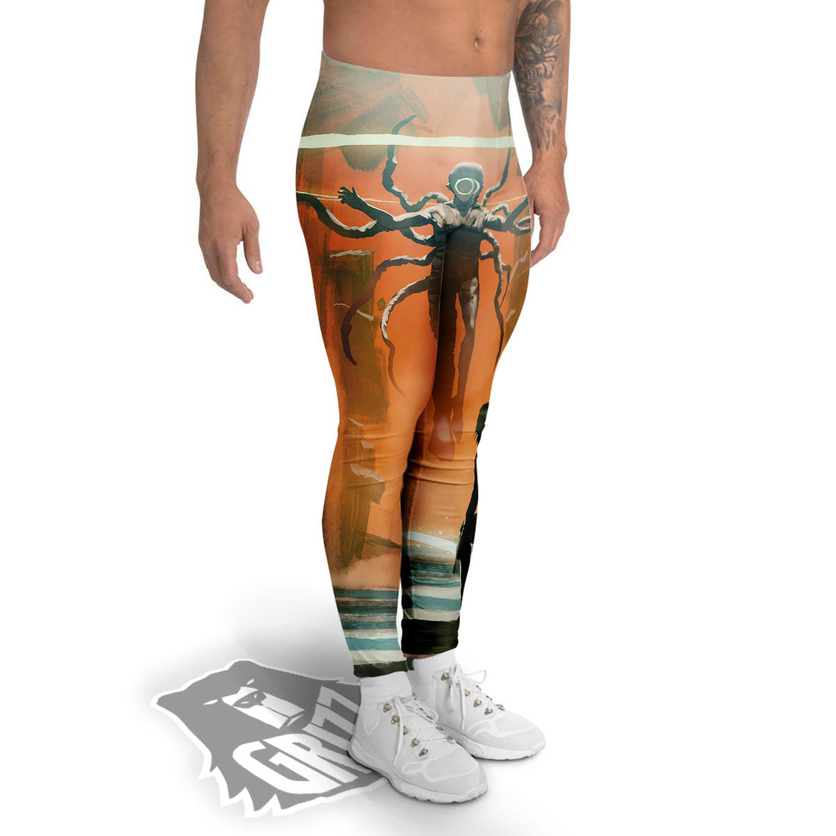 Fight With Alien Print Men's Leggings-grizzshop