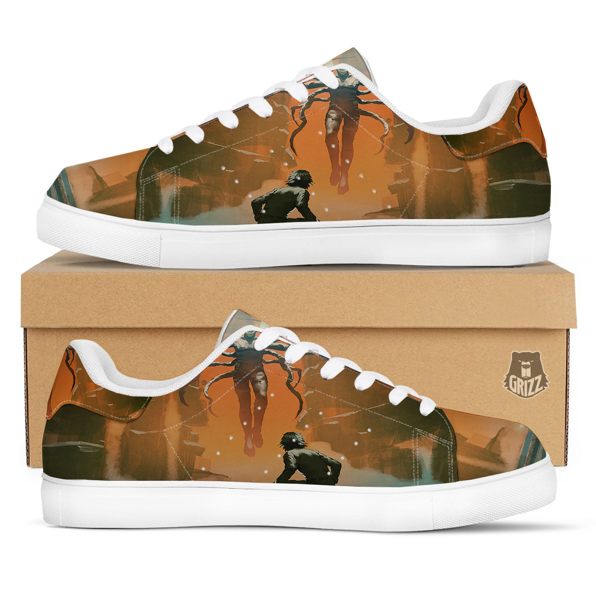 Fight With Alien Print White Low Top Sneakers-grizzshop
