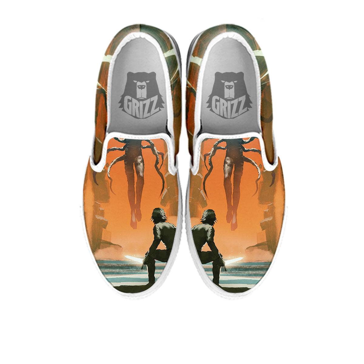 Fight With Alien Print White Slip On Shoes-grizzshop