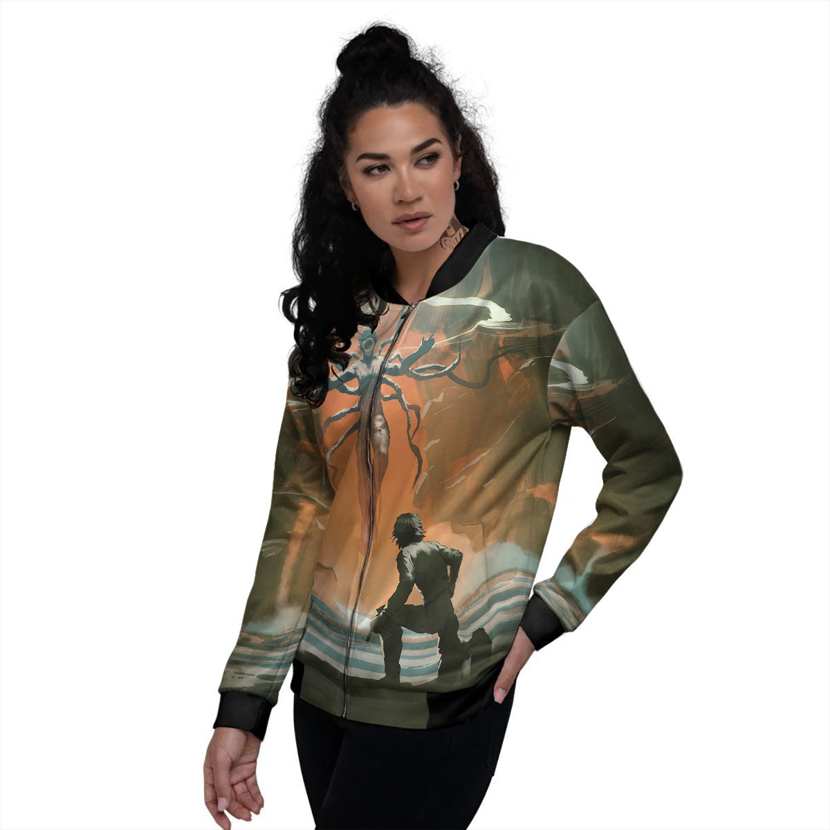 Fight With Alien Print Women's Bomber Jacket-grizzshop