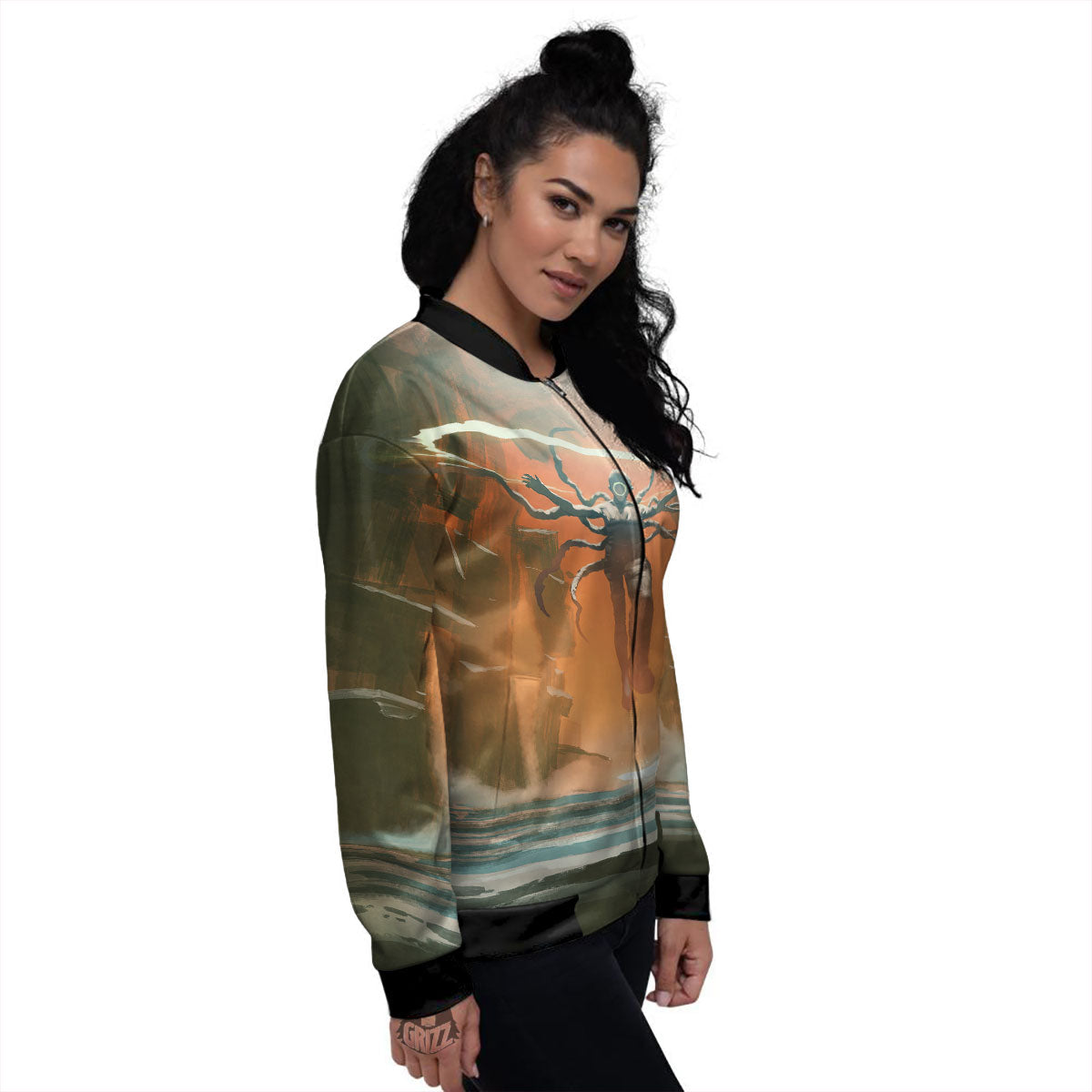 Fight With Alien Print Women's Bomber Jacket-grizzshop
