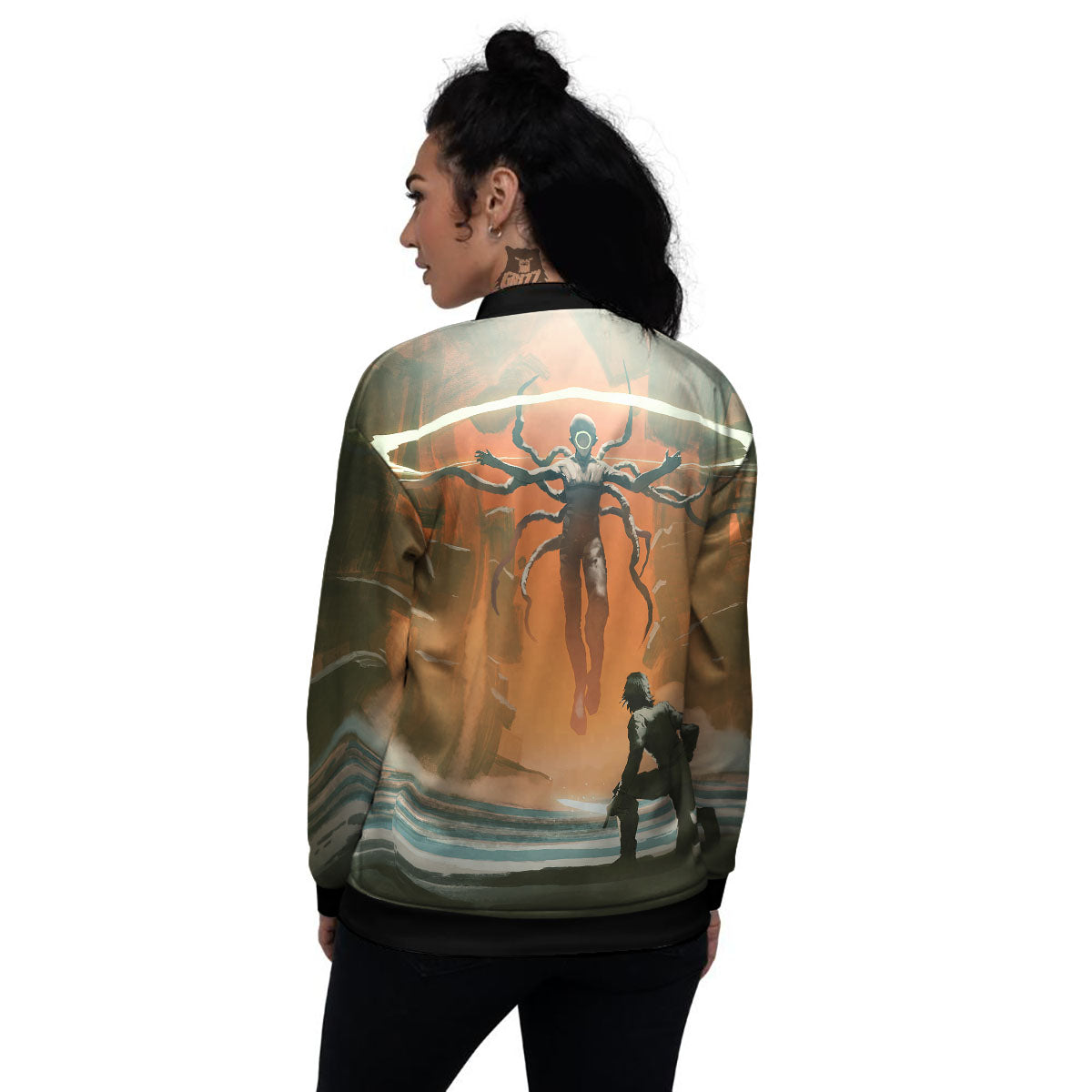 Fight With Alien Print Women's Bomber Jacket-grizzshop