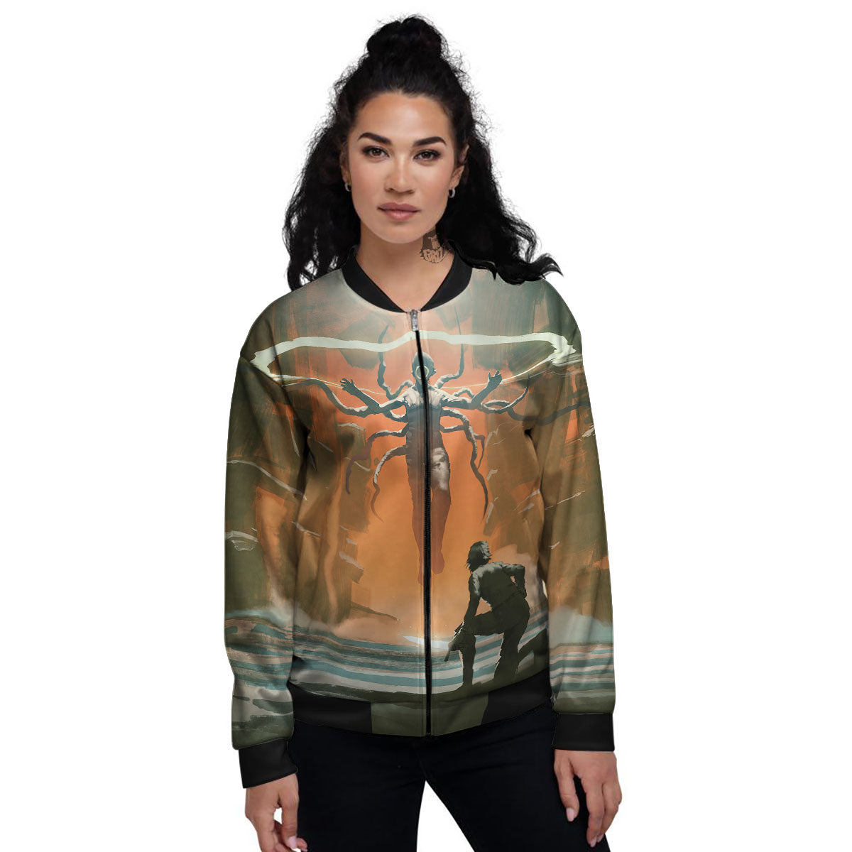 Fight With Alien Print Women's Bomber Jacket-grizzshop