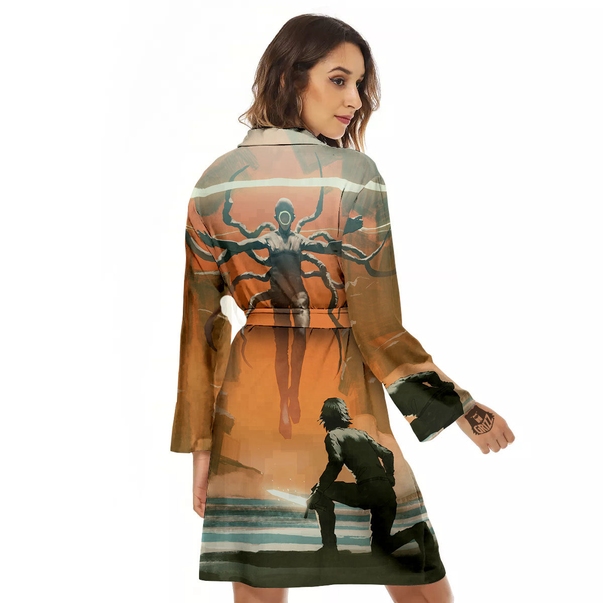 Fight With Alien Print Women's Robe-grizzshop