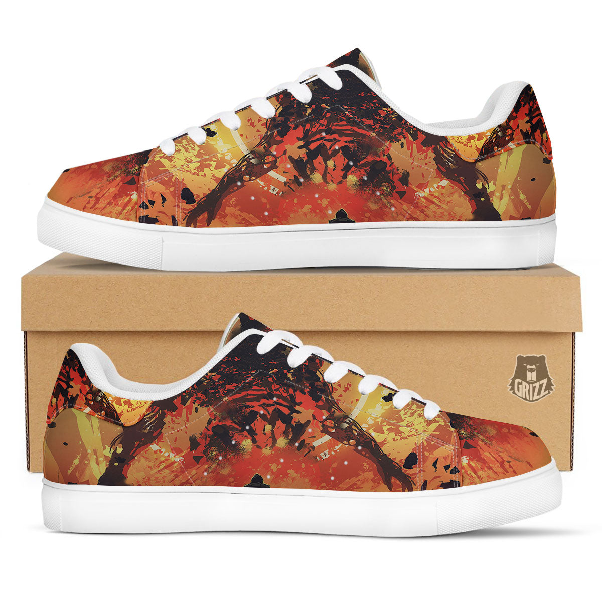 Fight With Demon Print White Low Top Sneakers-grizzshop
