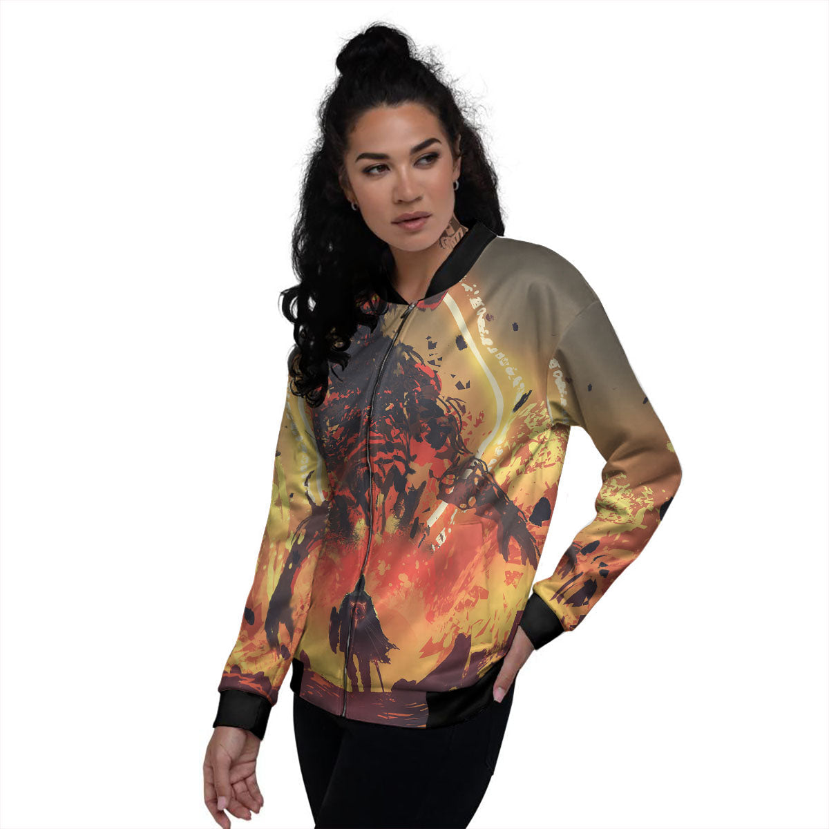 Fight With Demon Print Women's Bomber Jacket-grizzshop