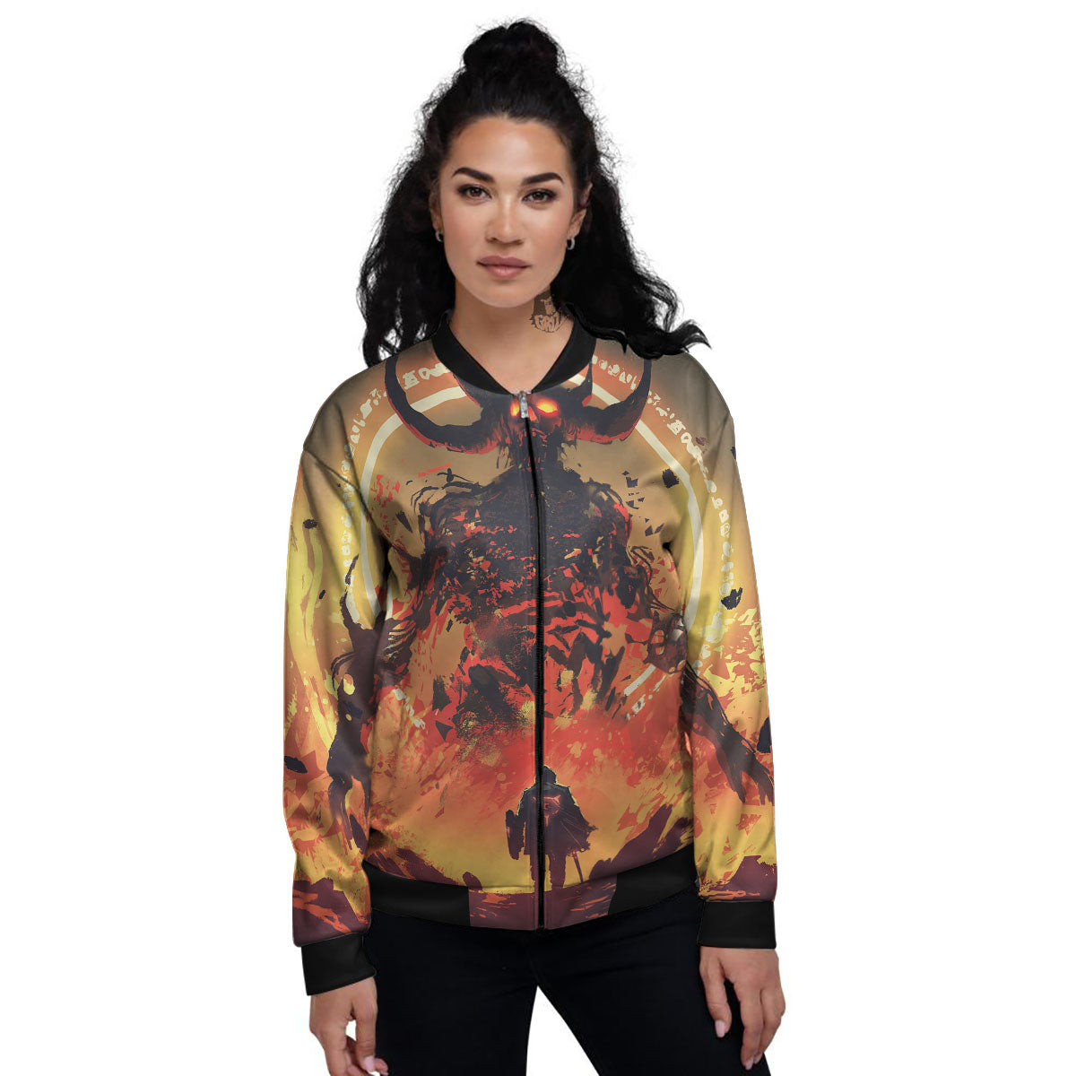 Fight With Demon Print Women's Bomber Jacket-grizzshop