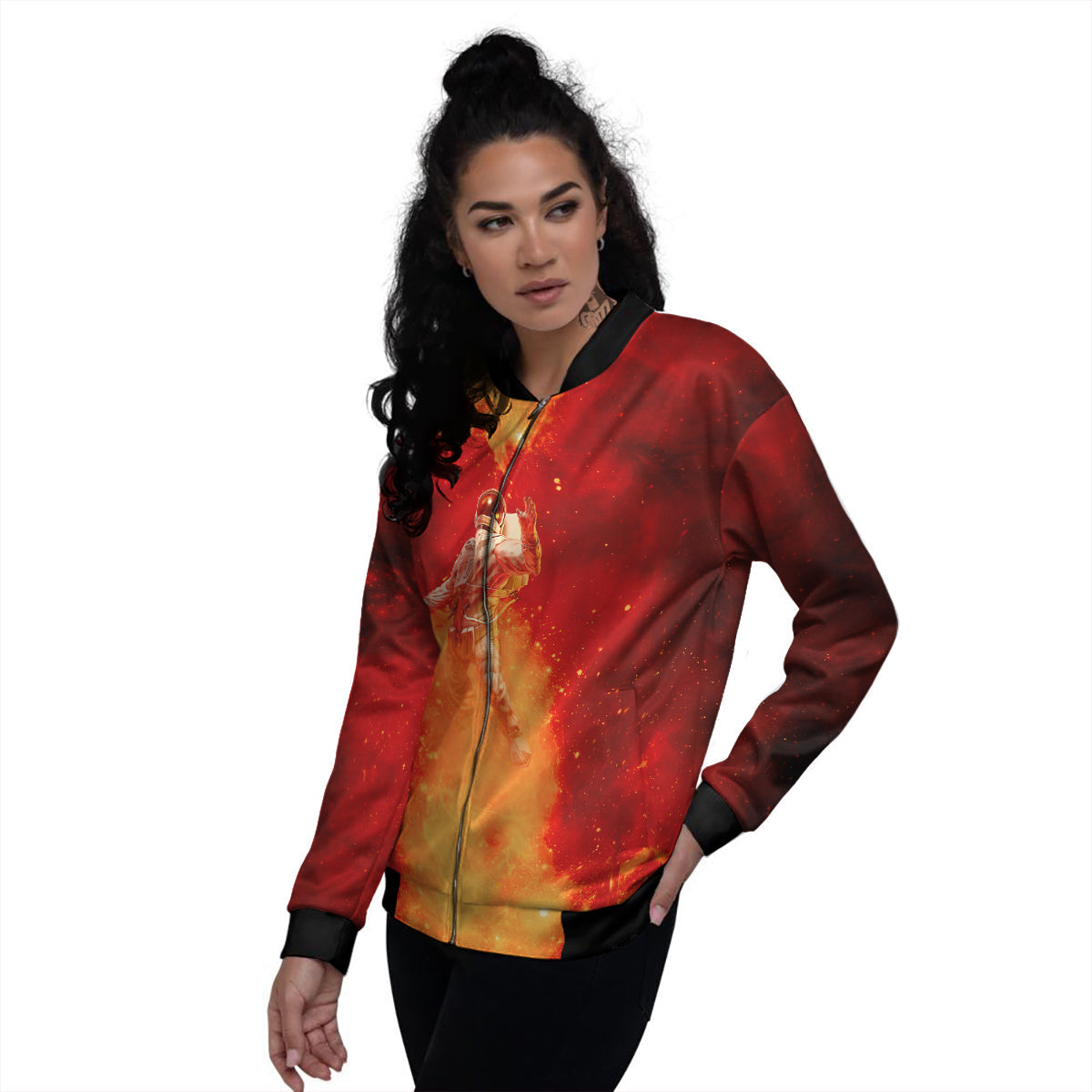 Fire Astronaut Print Women's Bomber Jacket-grizzshop