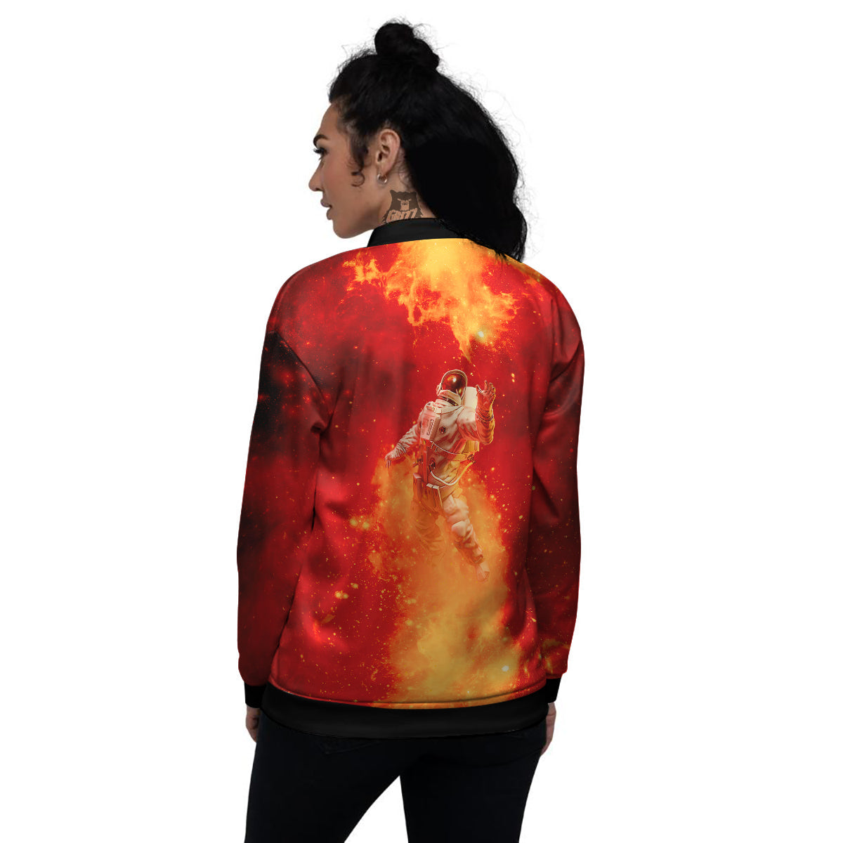 Fire Astronaut Print Women's Bomber Jacket-grizzshop