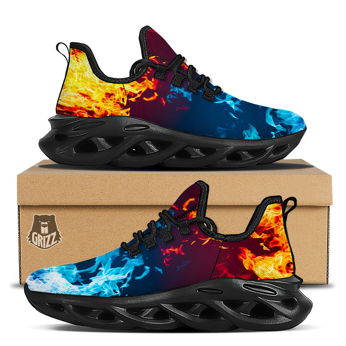 Fire Blue And Red Print Black Running Shoes