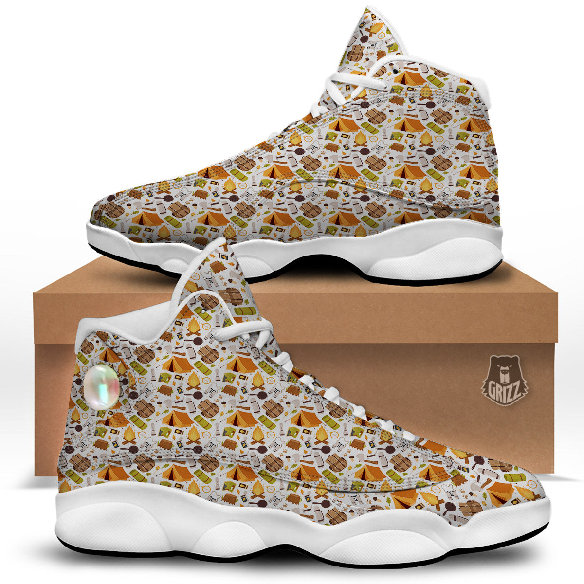 Fire Camping Print Pattern White Basketball Shoes-grizzshop