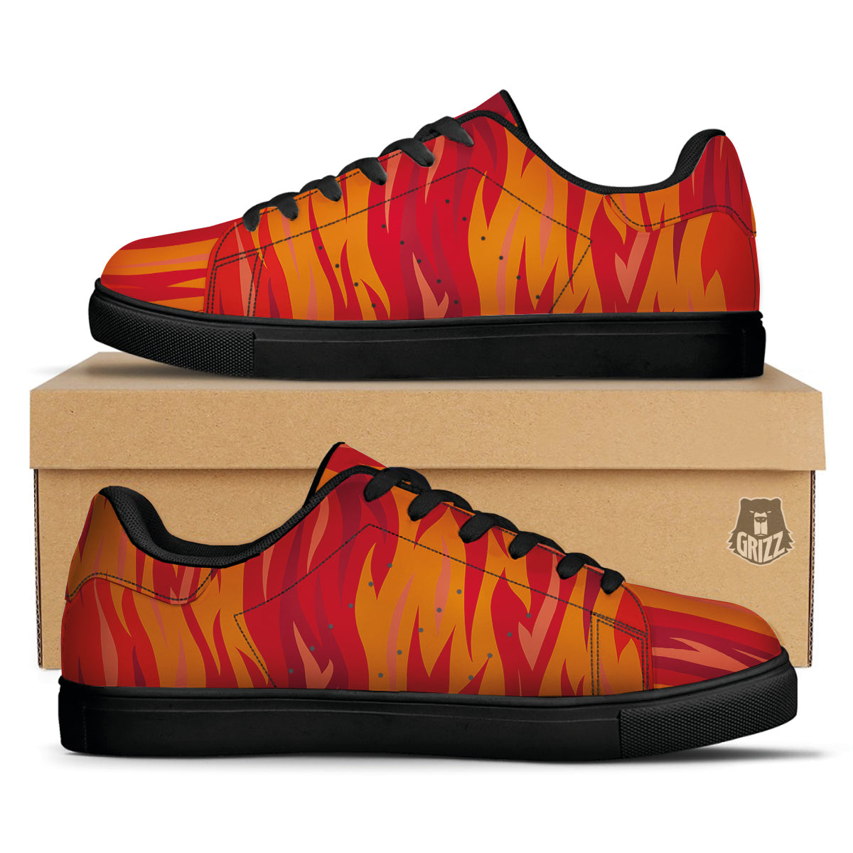 Fire In Hell Print Pattern Black Low Top Sneakers-grizzshop